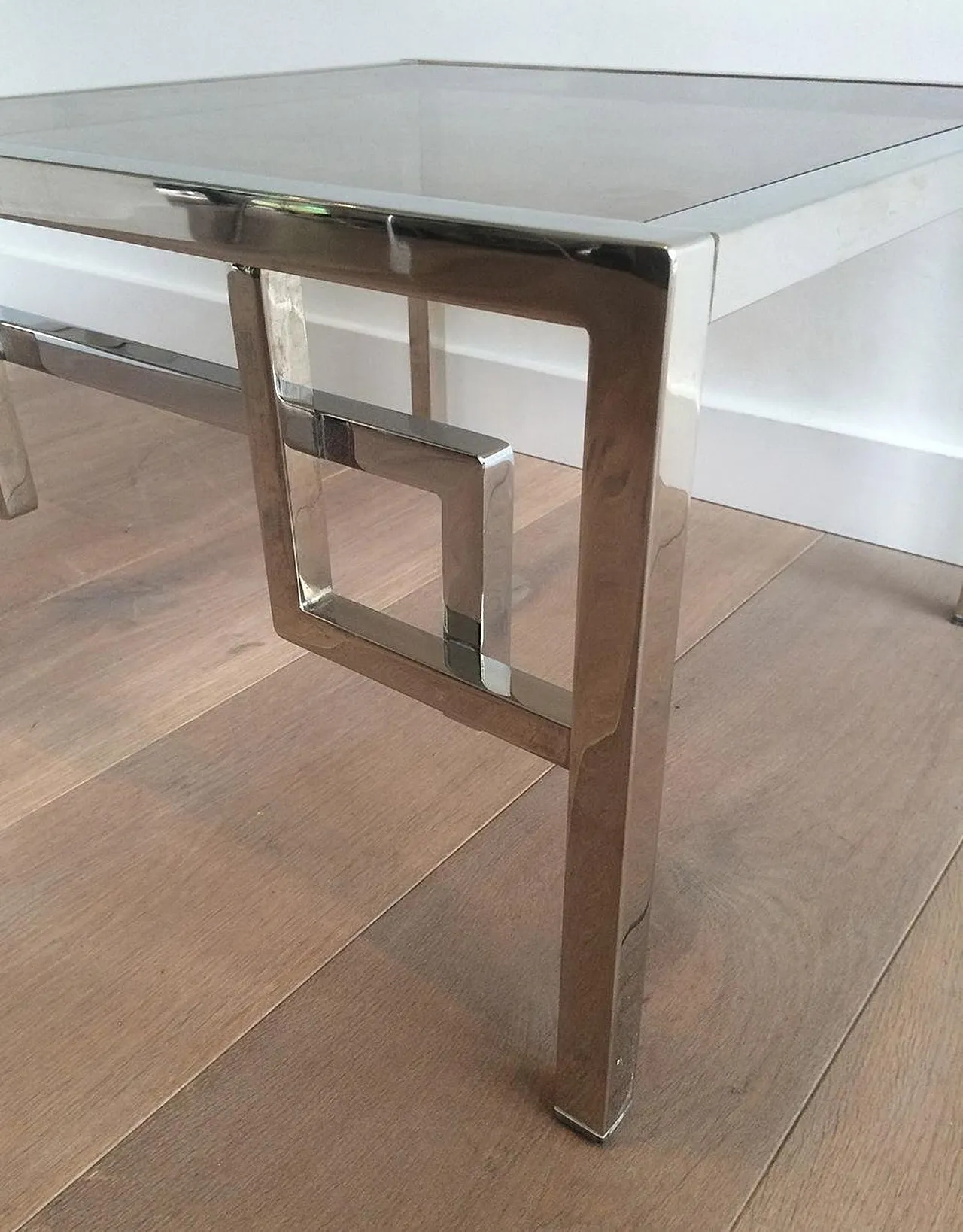Pair of chrome design side tables with Greek key decor, 70s 7