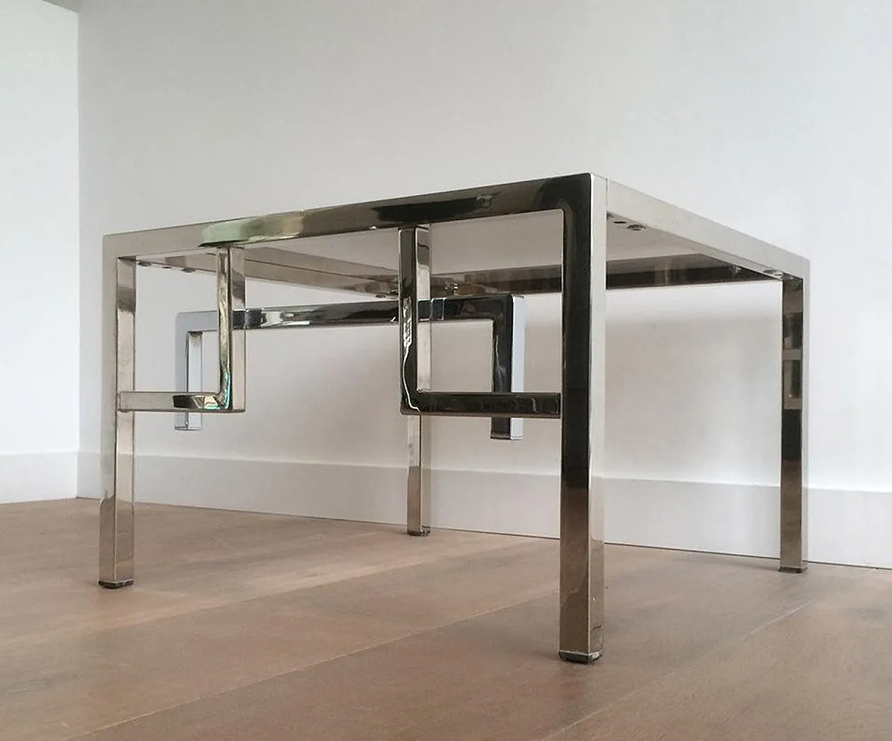 Pair of chrome design side tables with Greek key decor, 70s 8