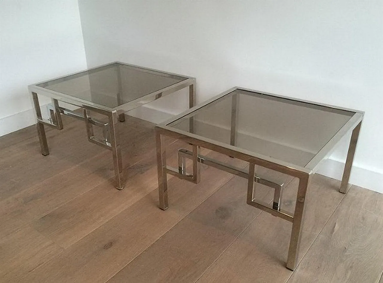 Pair of chrome design side tables with Greek key decor, 70s 9