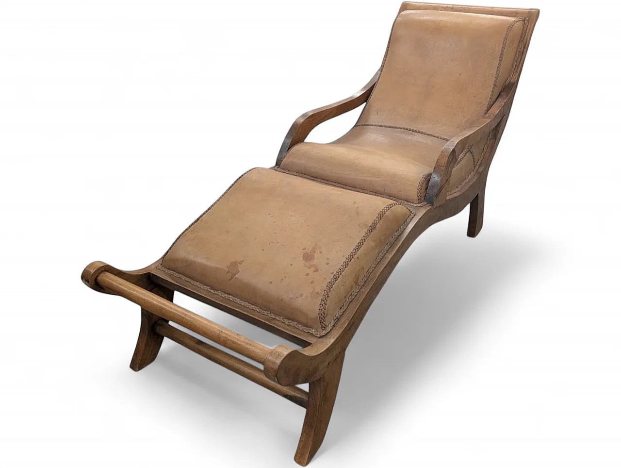 Chaise longue in solid wood and leather from the 1950s 11
