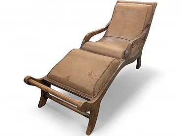 Chaise longue in solid wood and leather from the 1950s