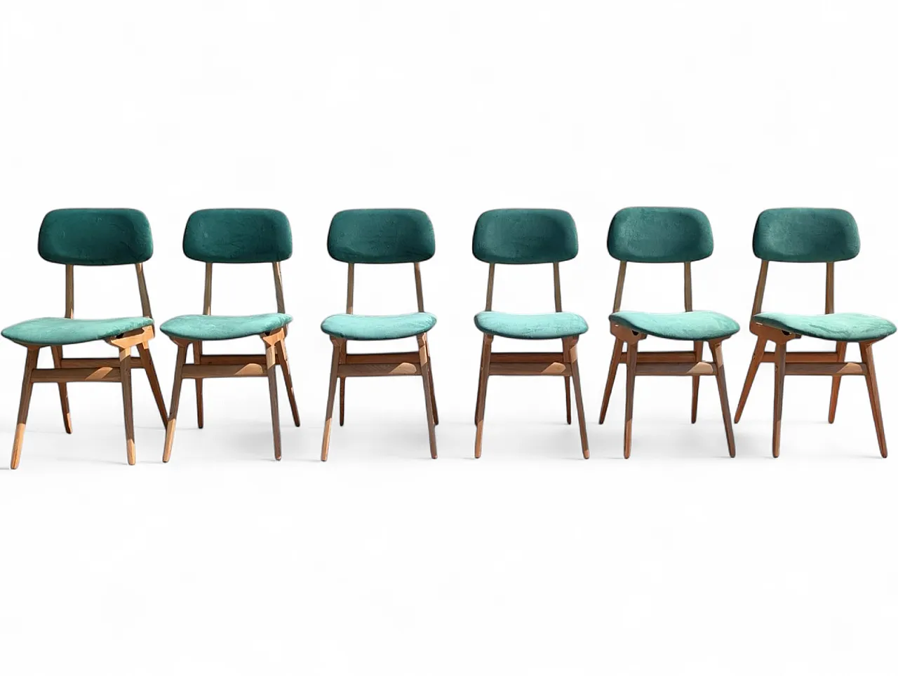 6 Chairs in maple wood and sea green velvet, 1950s 14
