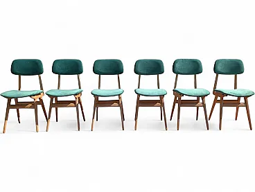 6 Chairs in maple wood and sea green velvet, 1950s