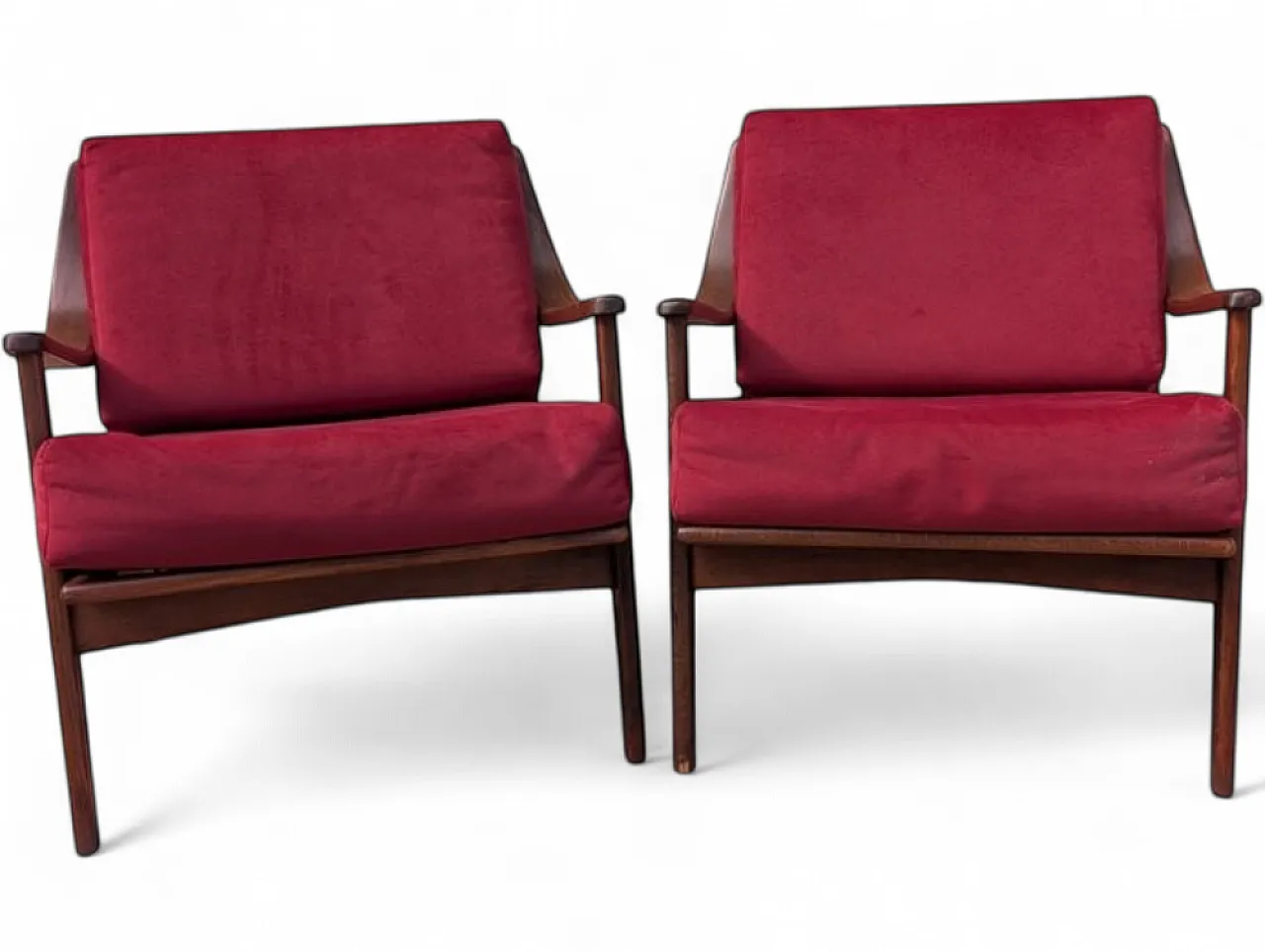 Pair of Mid-Century armchairs in wood and burgundy velvet, 1960s 10
