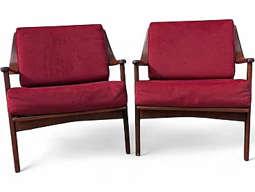 Pair of Mid-Century armchairs in wood and burgundy velvet, 1960s