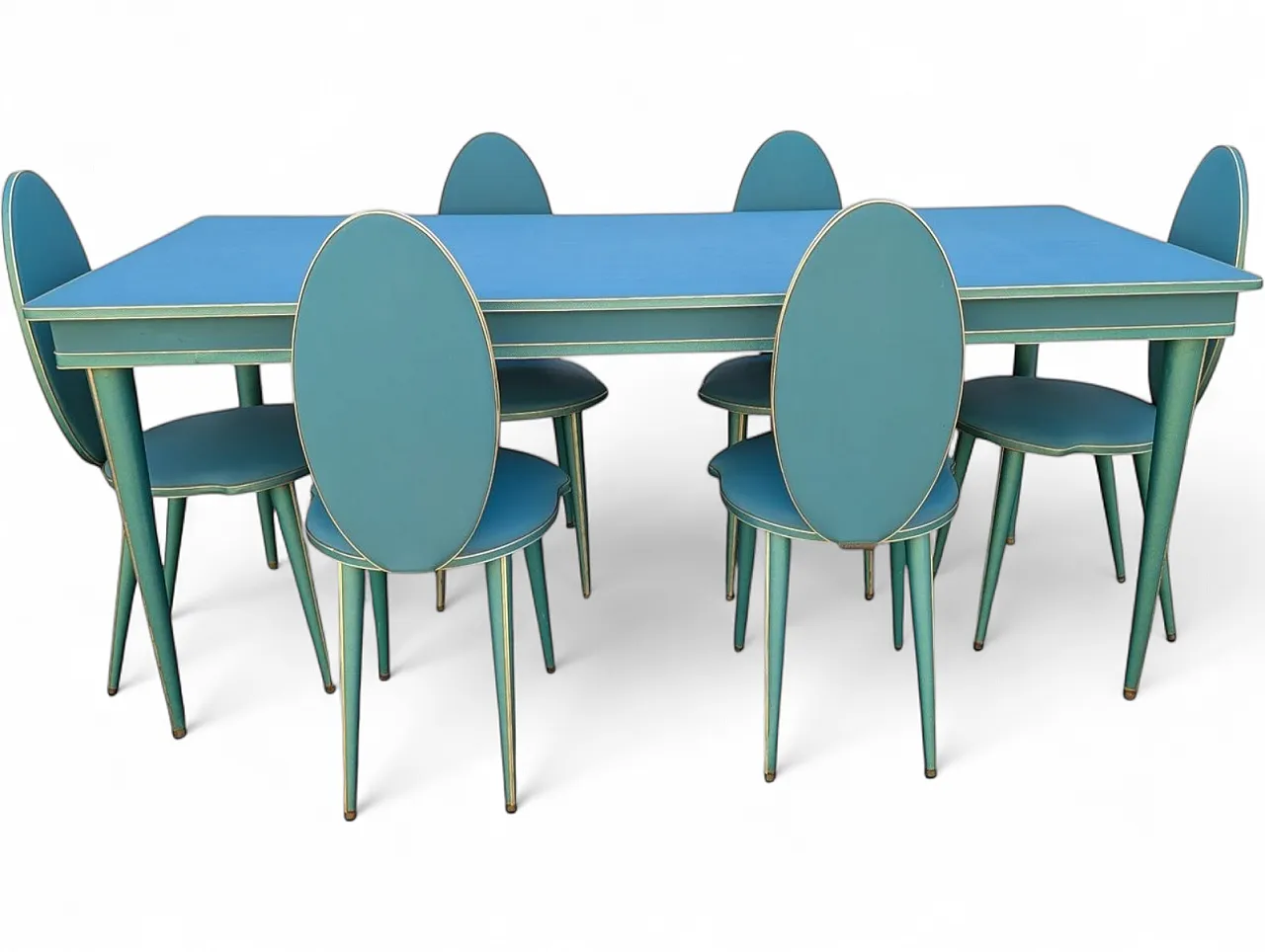 Aqua green dining set with gilt details by Umberto Mascagni, 1950s 24