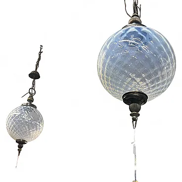 Pair of chandeliers with mother-of-pearl glass and metal spheres, 1960
