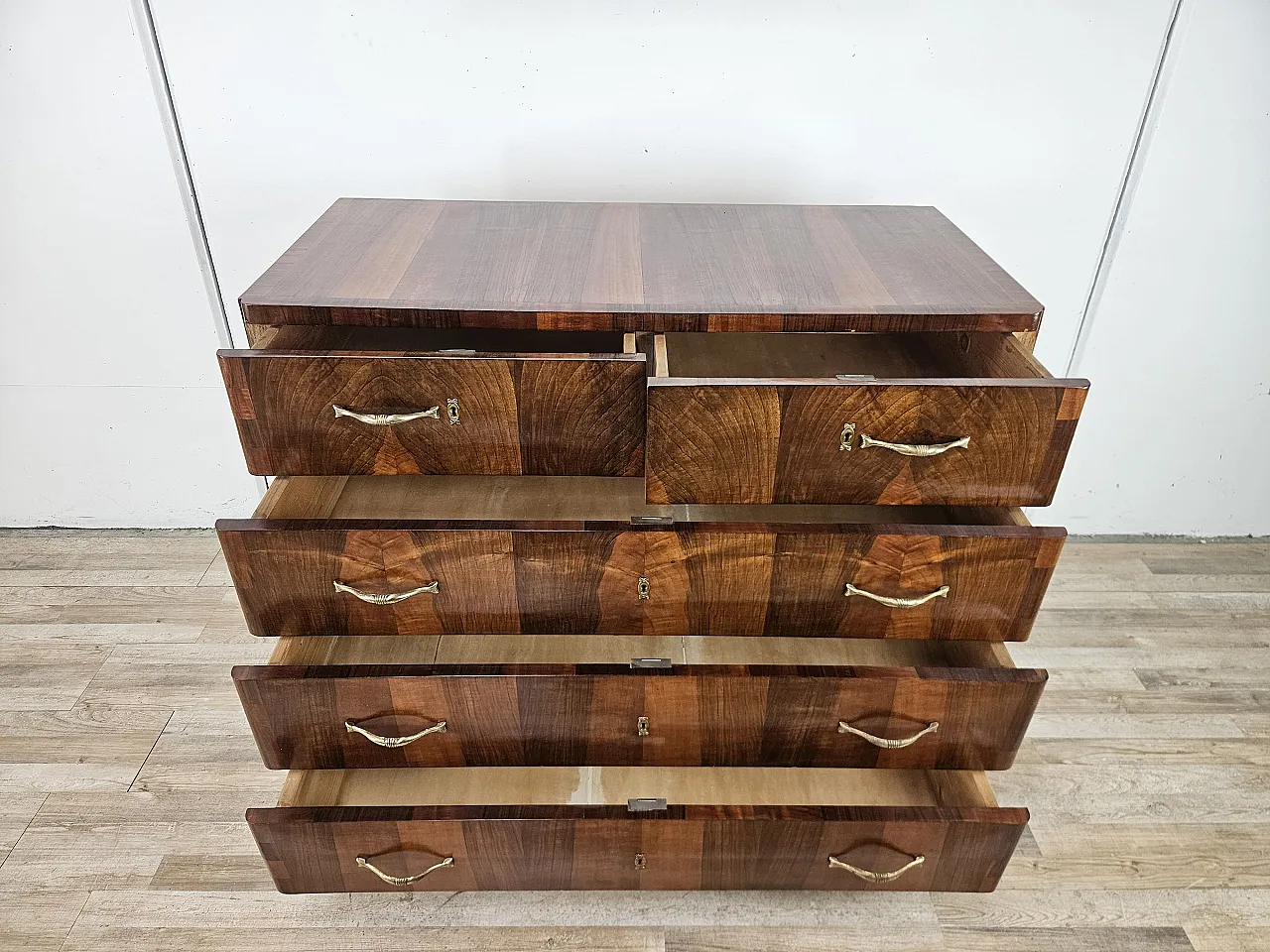 Walnut and metal chest of drawers, 1940s 12