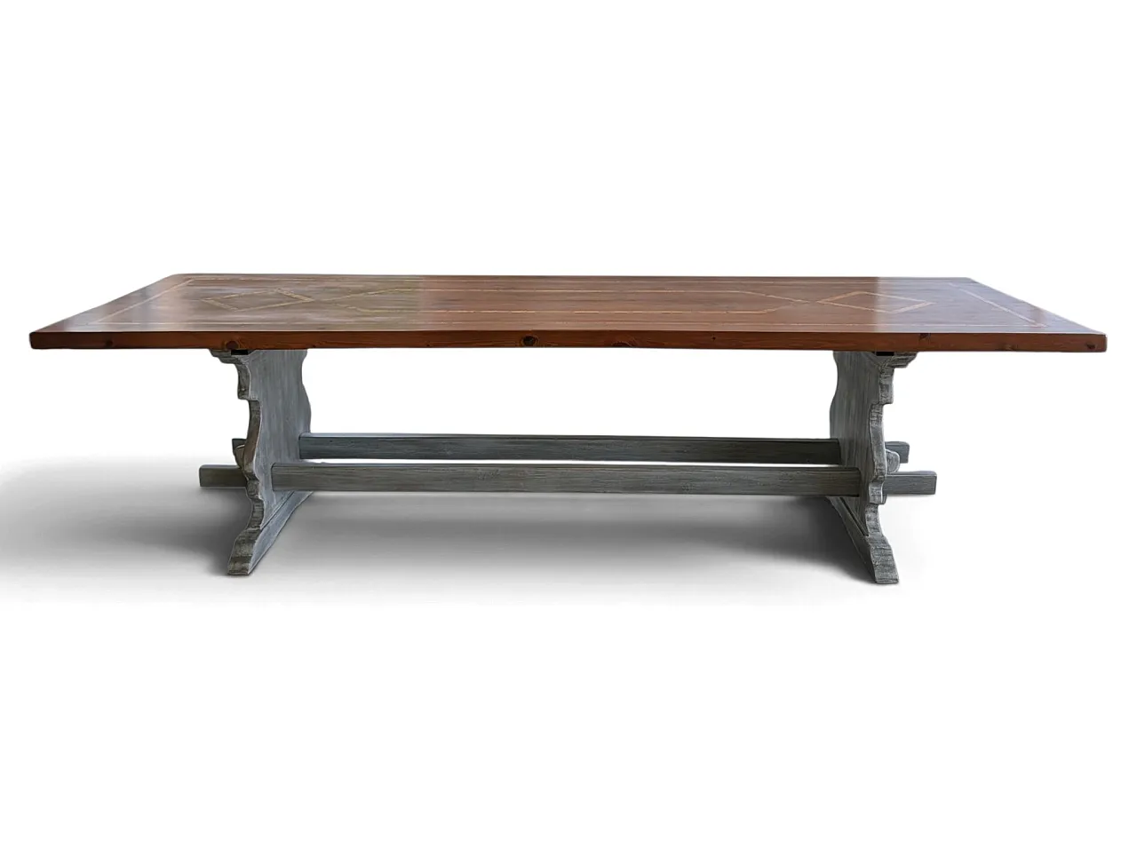 Russian pine table with olive wood inlays, 70s 1