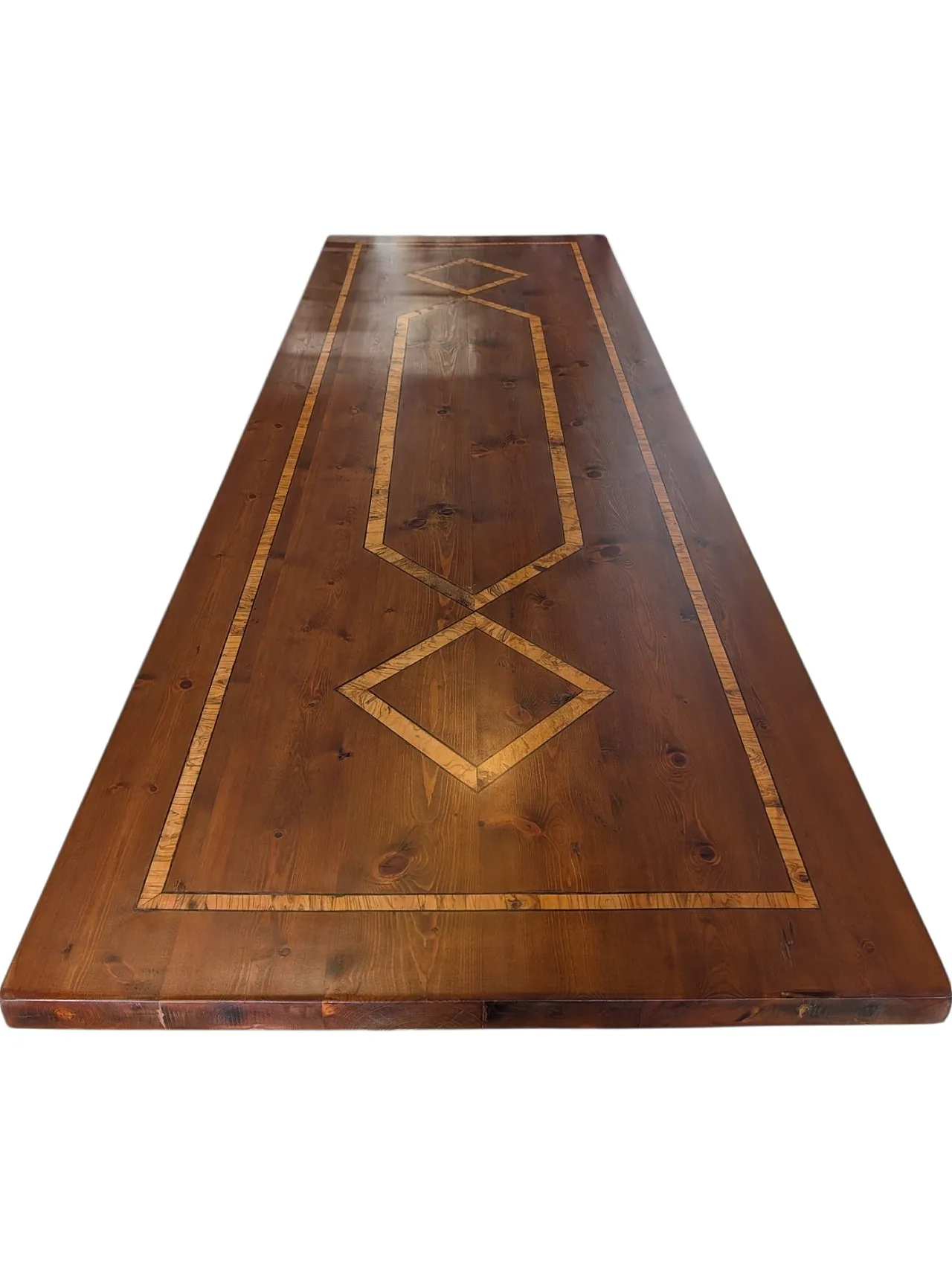 Russian pine table with olive wood inlays, 70s 2