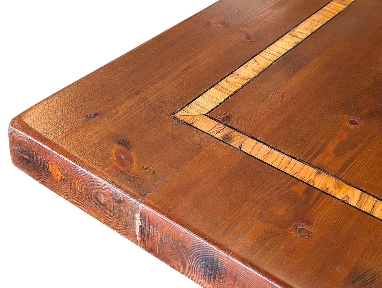 Russian pine table with olive wood inlays, 70s 5