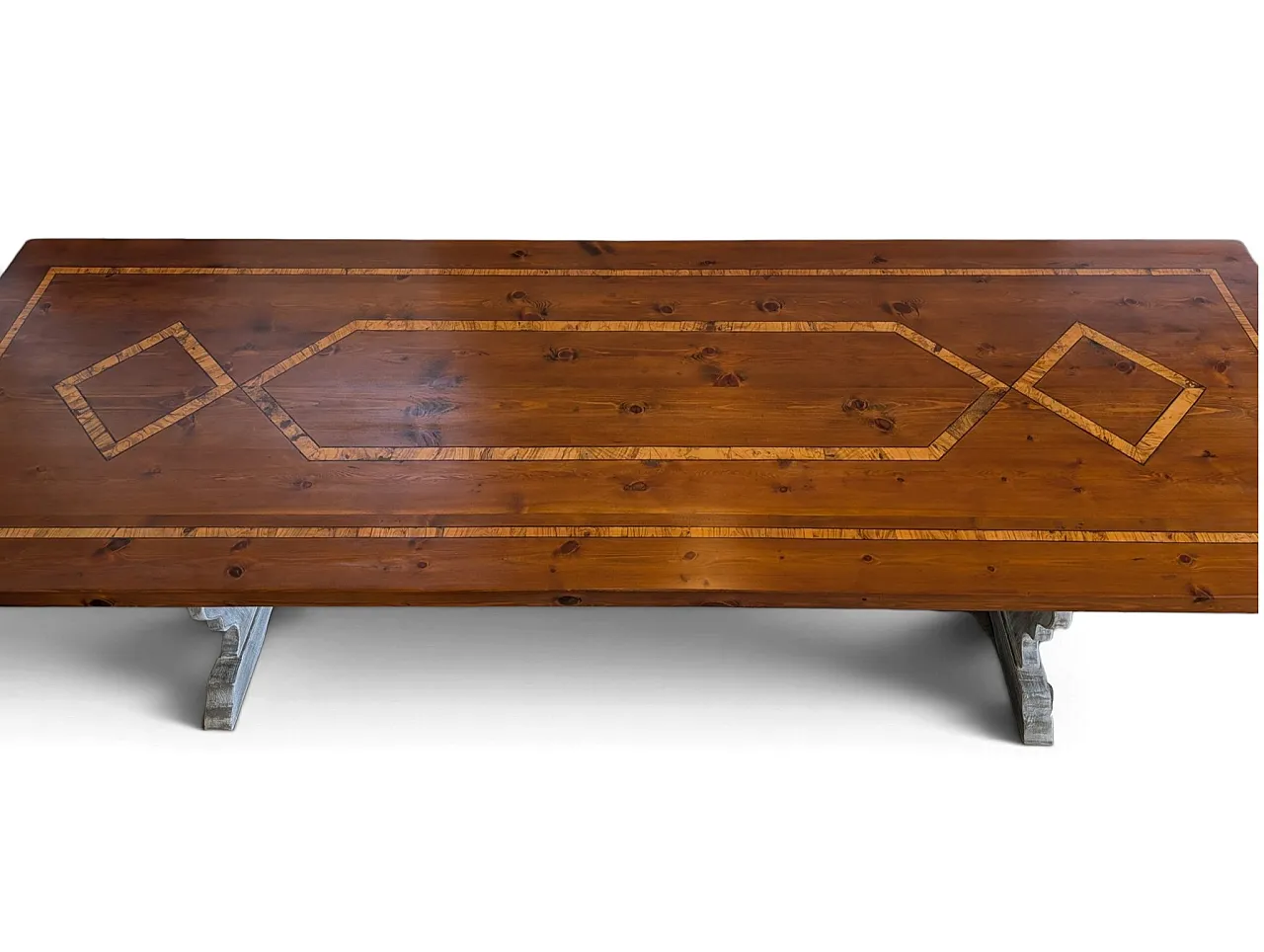 Russian pine table with olive wood inlays, 70s 8