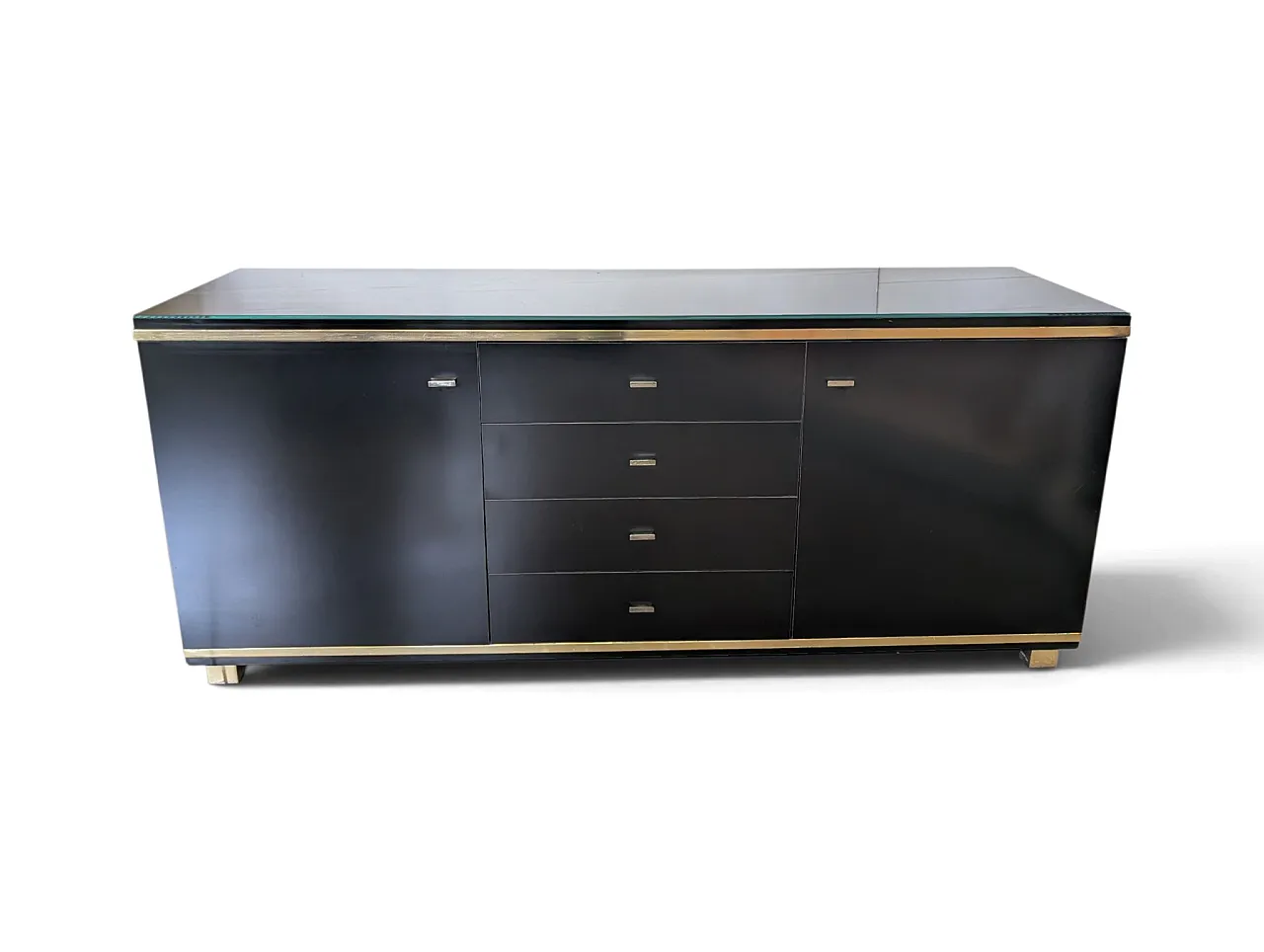 1970s wooden and brass sideboard with smoked glass top 1