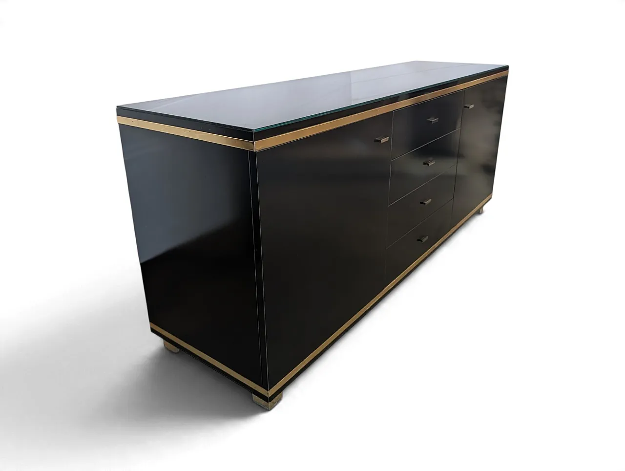 1970s wooden and brass sideboard with smoked glass top 2