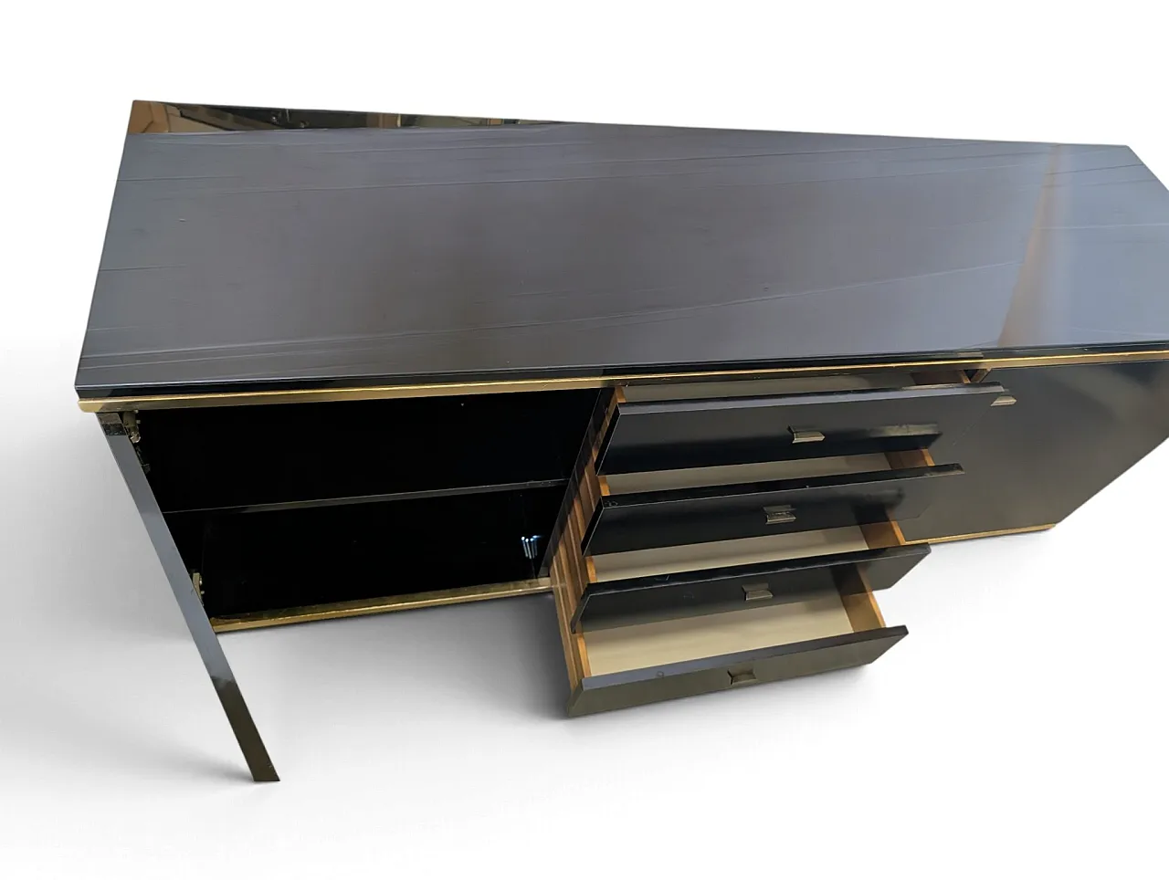 1970s wooden and brass sideboard with smoked glass top 3