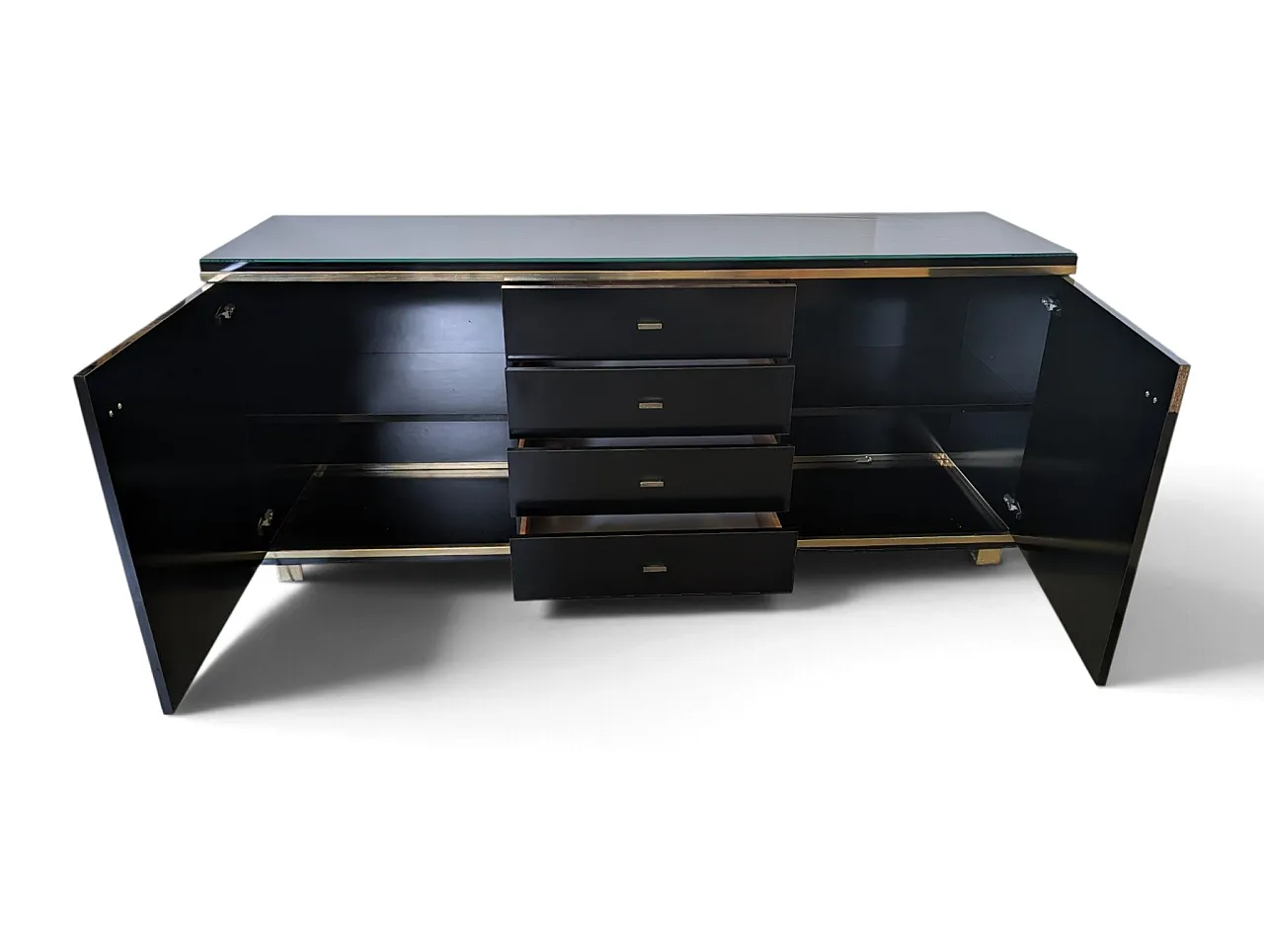 1970s wooden and brass sideboard with smoked glass top 4