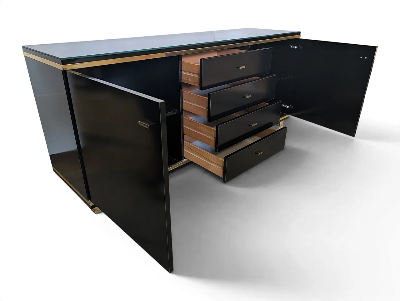 1970s wooden and brass sideboard with smoked glass top 5
