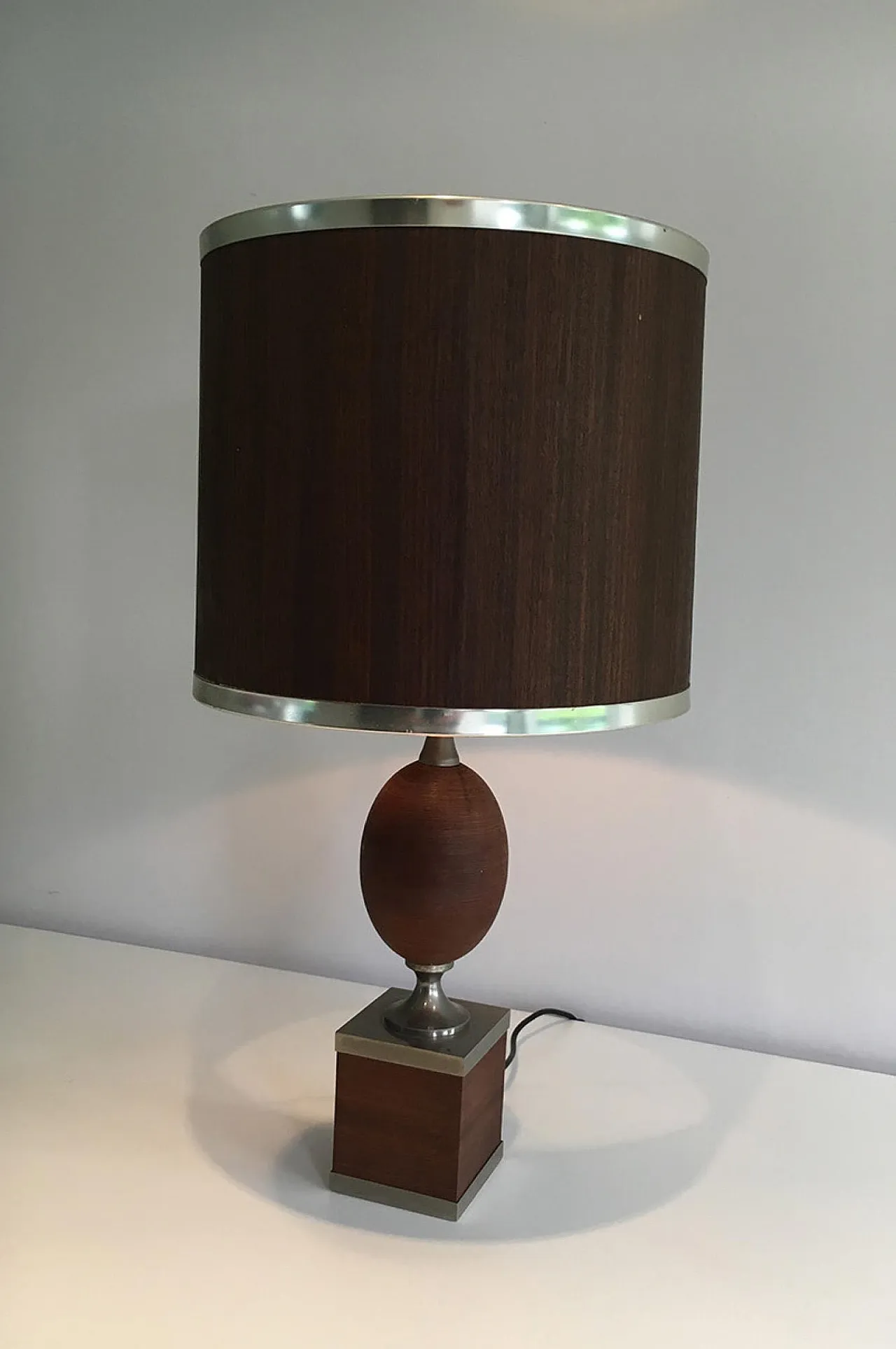 Wood and Brushed Steel Egg Lamp with Wooden Shade, circa 1970 2