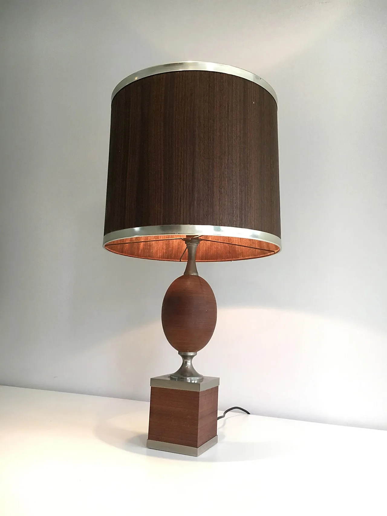 Wood and Brushed Steel Egg Lamp with Wooden Shade, circa 1970 3
