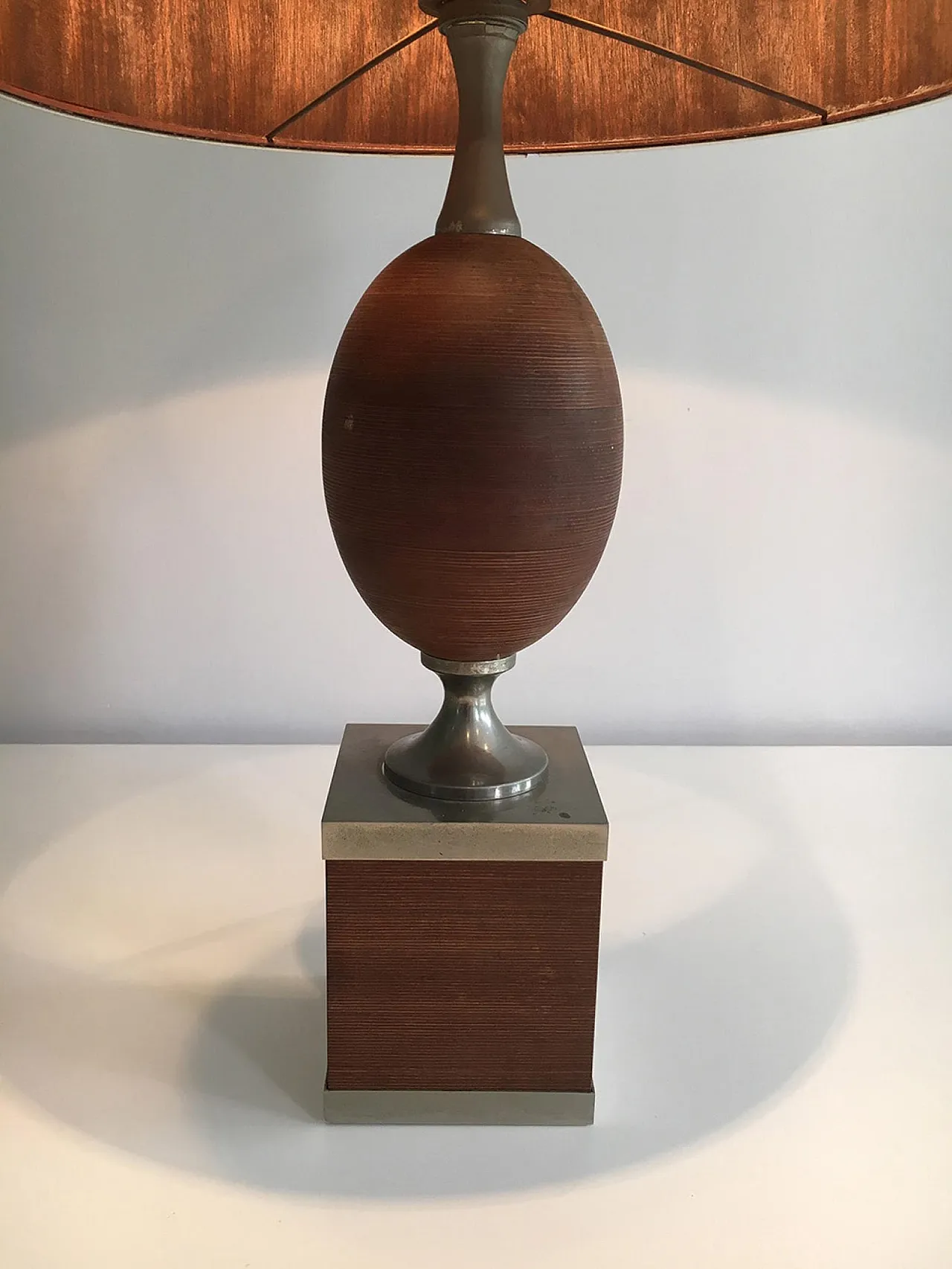 Wood and Brushed Steel Egg Lamp with Wooden Shade, circa 1970 4