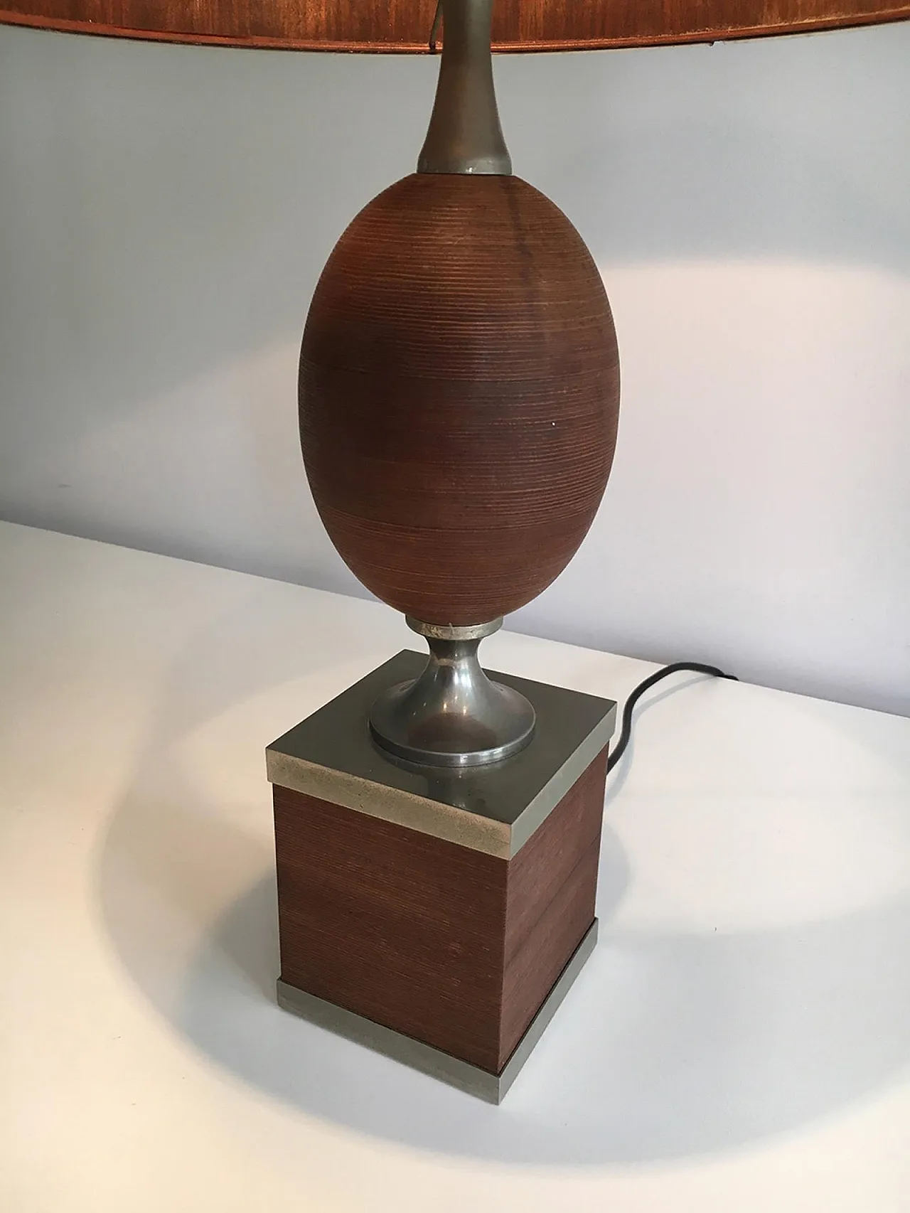 Wood and Brushed Steel Egg Lamp with Wooden Shade, circa 1970 5