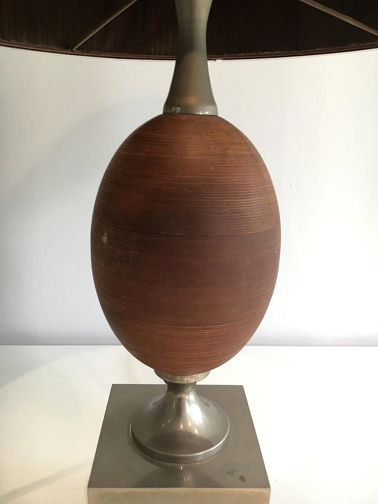 Wood and Brushed Steel Egg Lamp with Wooden Shade, circa 1970 6