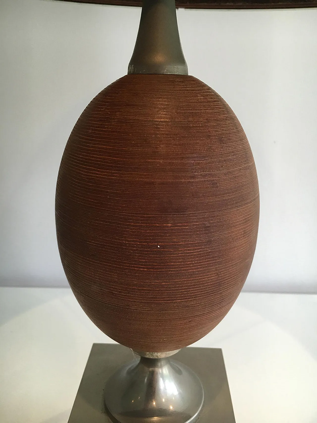Wood and Brushed Steel Egg Lamp with Wooden Shade, circa 1970 7