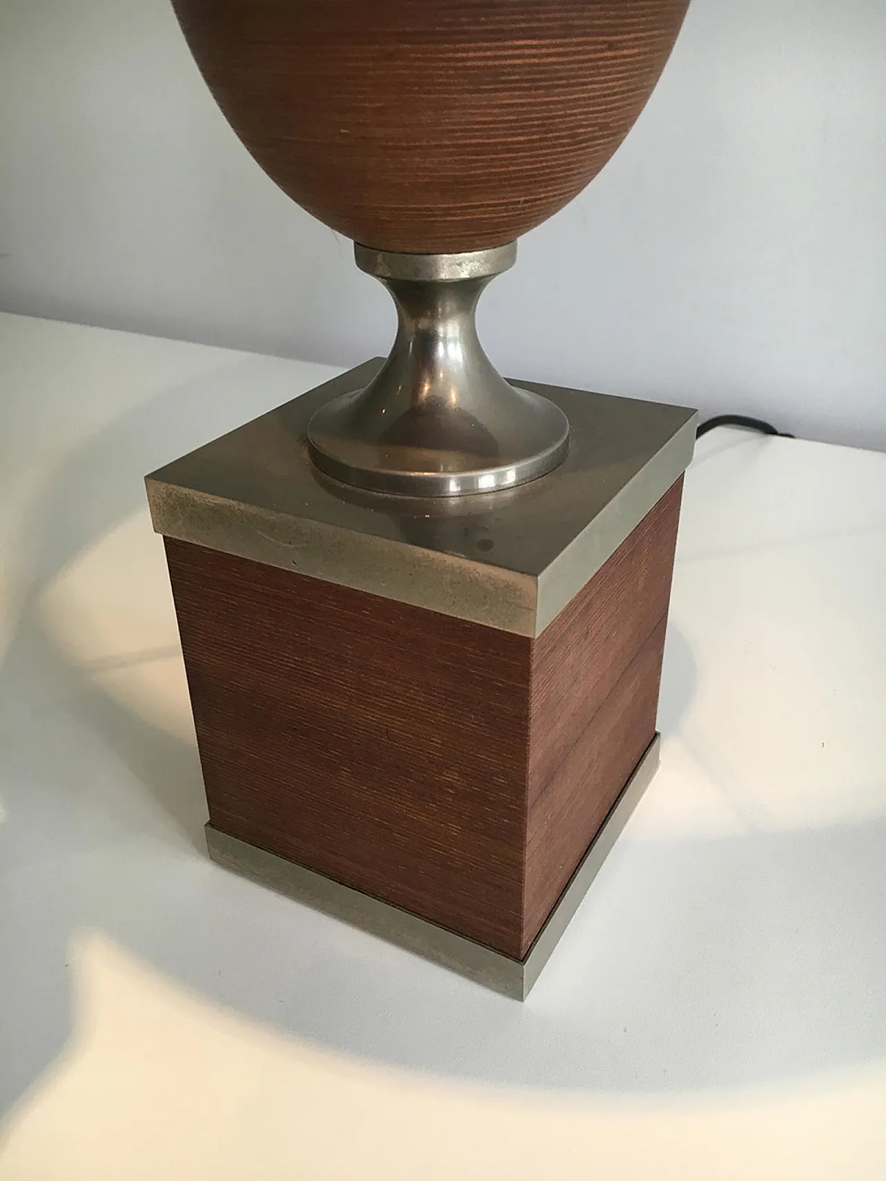 Wood and Brushed Steel Egg Lamp with Wooden Shade, circa 1970 9