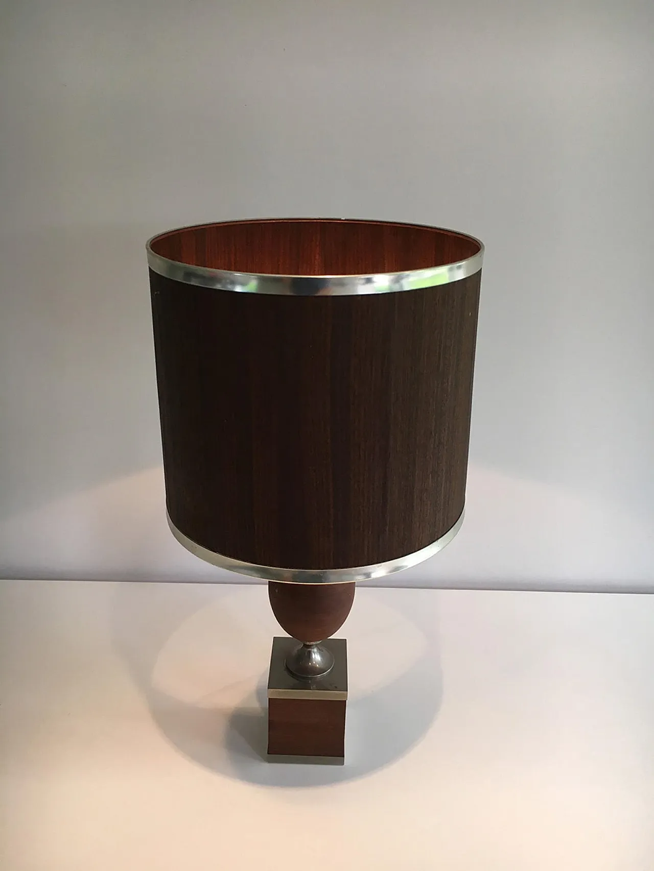Wood and Brushed Steel Egg Lamp with Wooden Shade, circa 1970 10