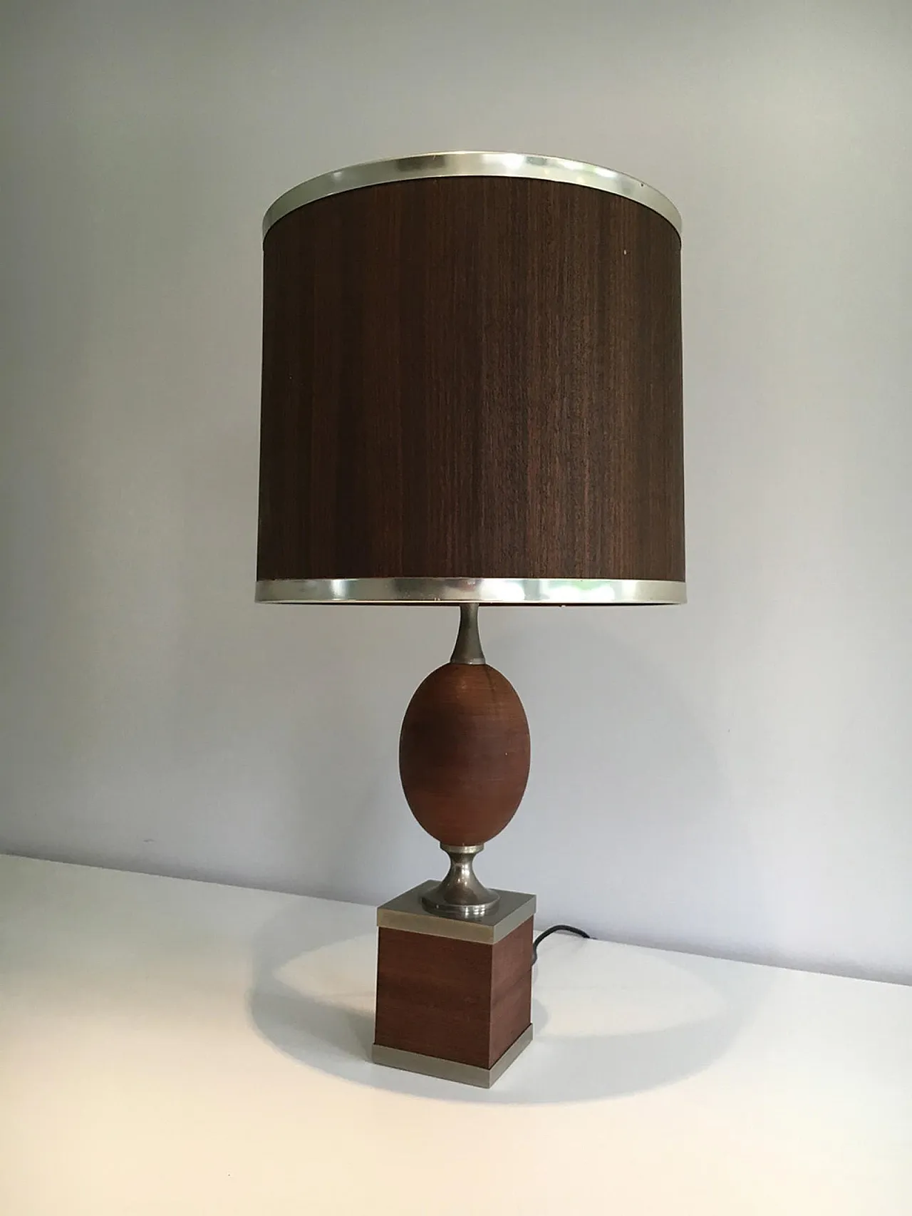 Wood and Brushed Steel Egg Lamp with Wooden Shade, circa 1970 13