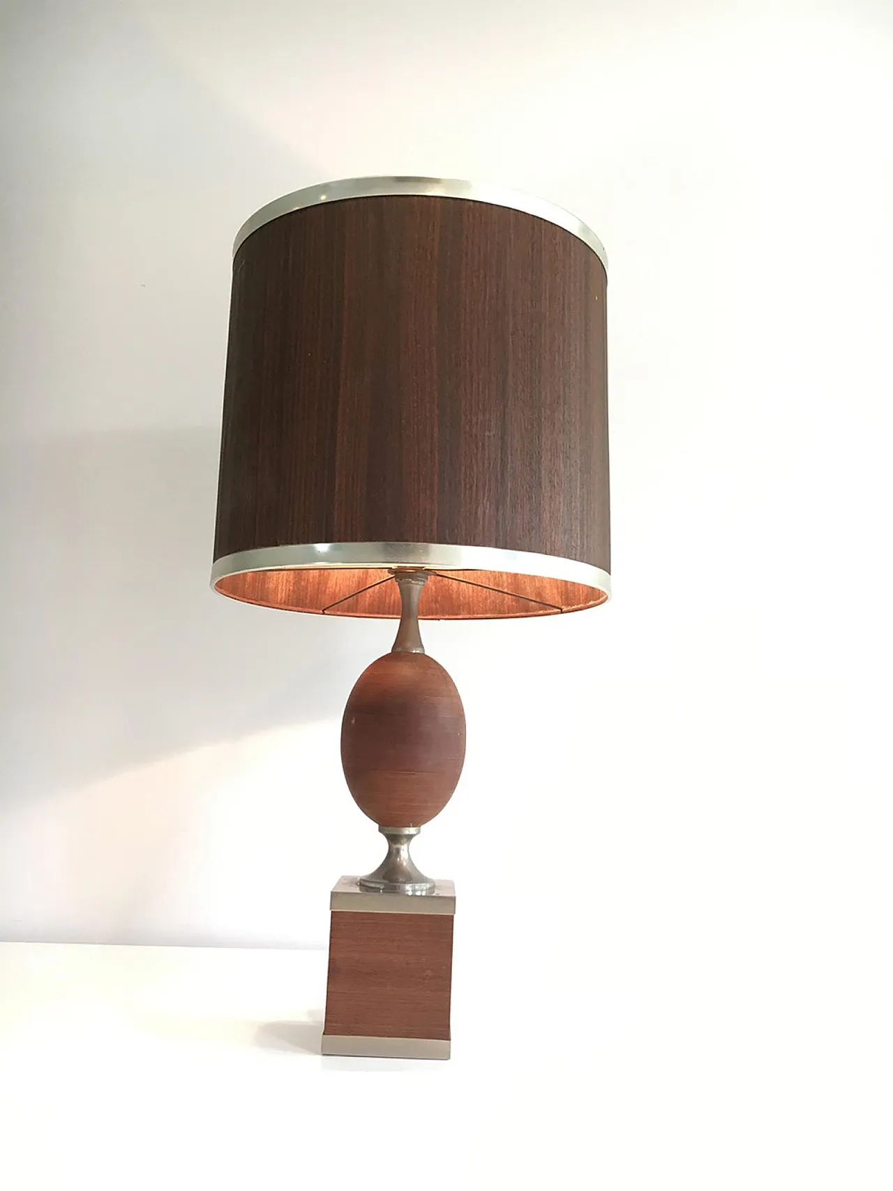 Wood and Brushed Steel Egg Lamp with Wooden Shade, circa 1970 14