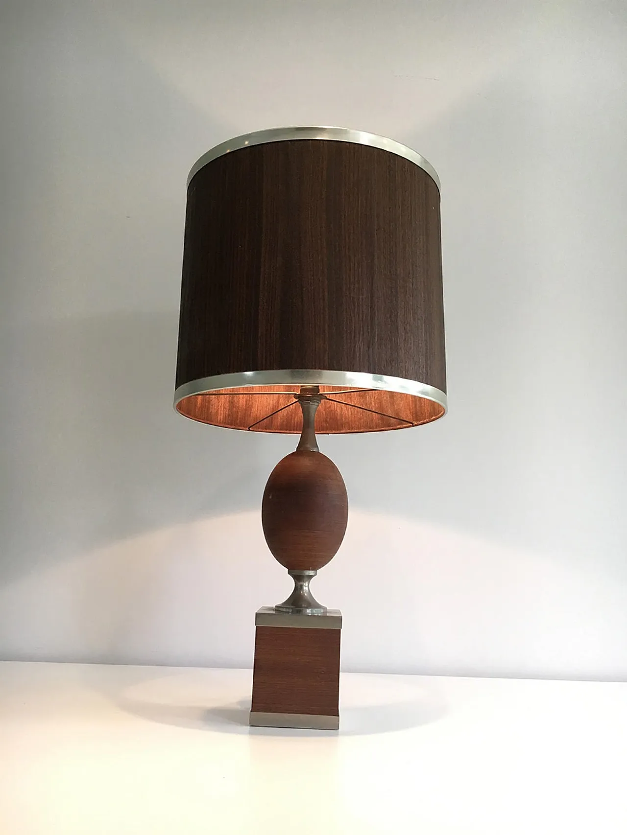 Wood and Brushed Steel Egg Lamp with Wooden Shade, circa 1970 15