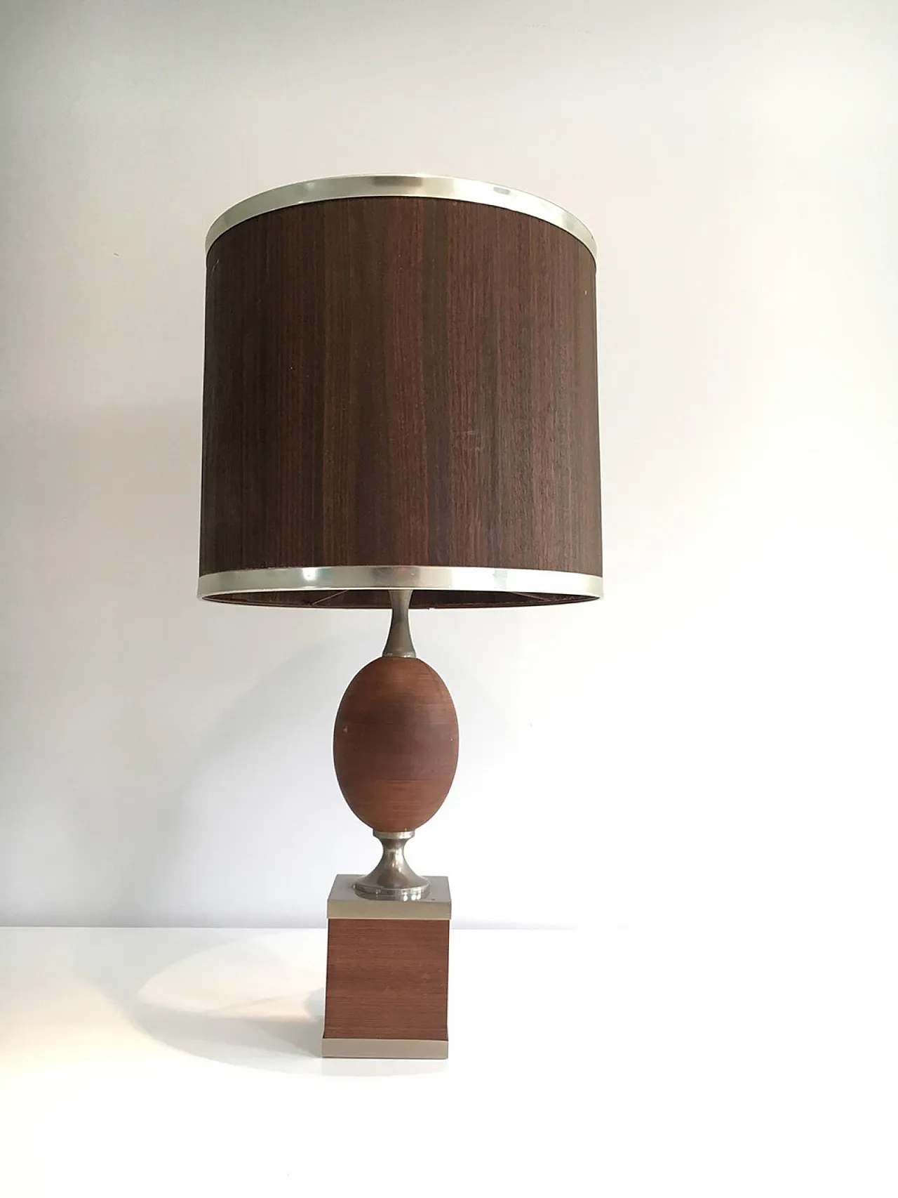 Wood and Brushed Steel Egg Lamp with Wooden Shade, circa 1970 16
