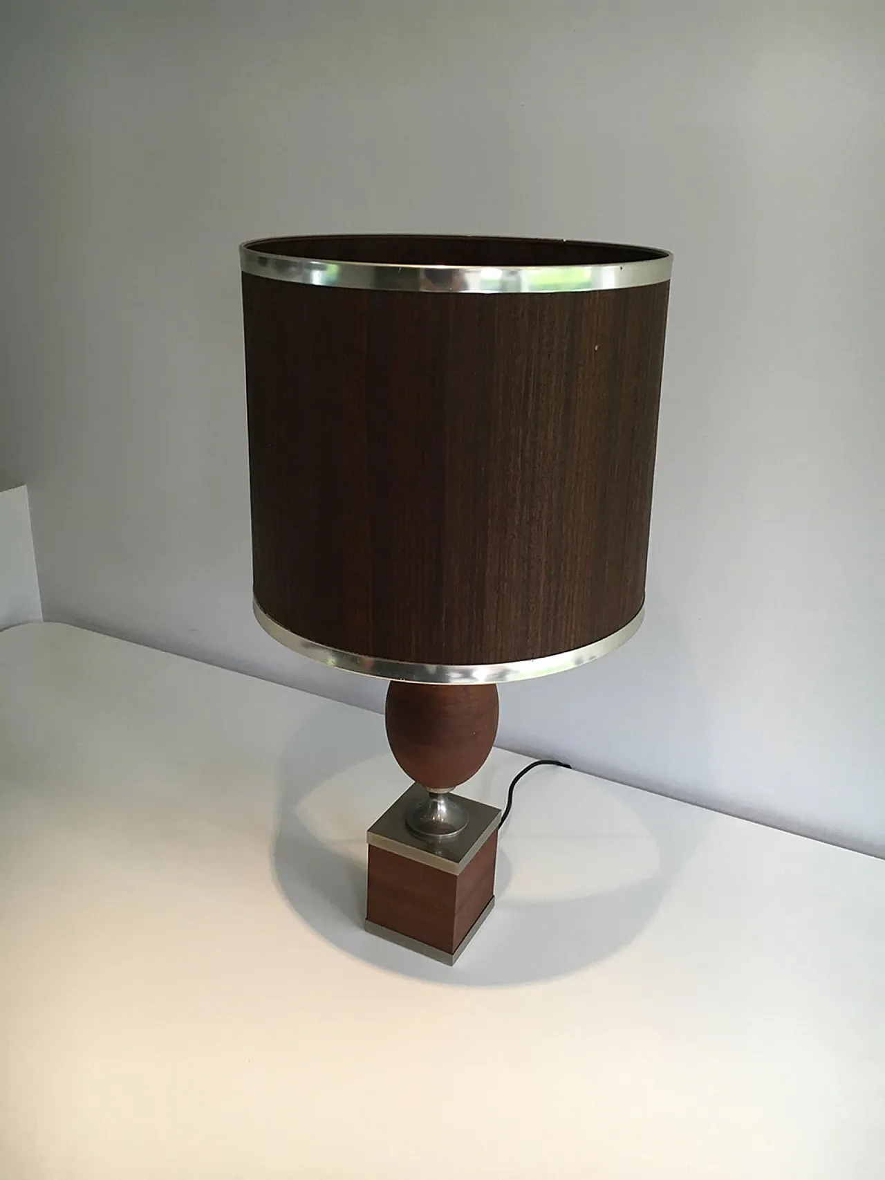Wood and Brushed Steel Egg Lamp with Wooden Shade, circa 1970 17