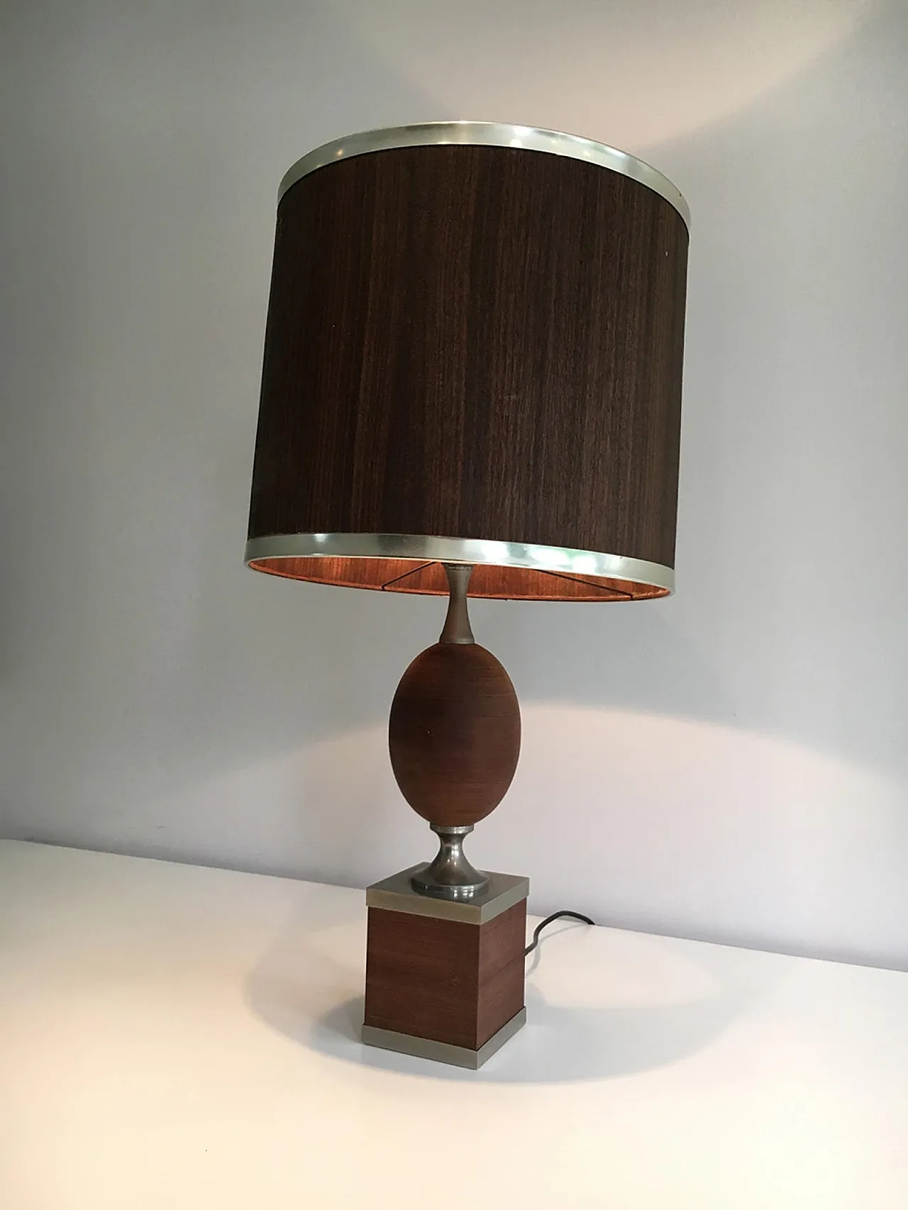 Wood and Brushed Steel Egg Lamp with Wooden Shade, circa 1970 18