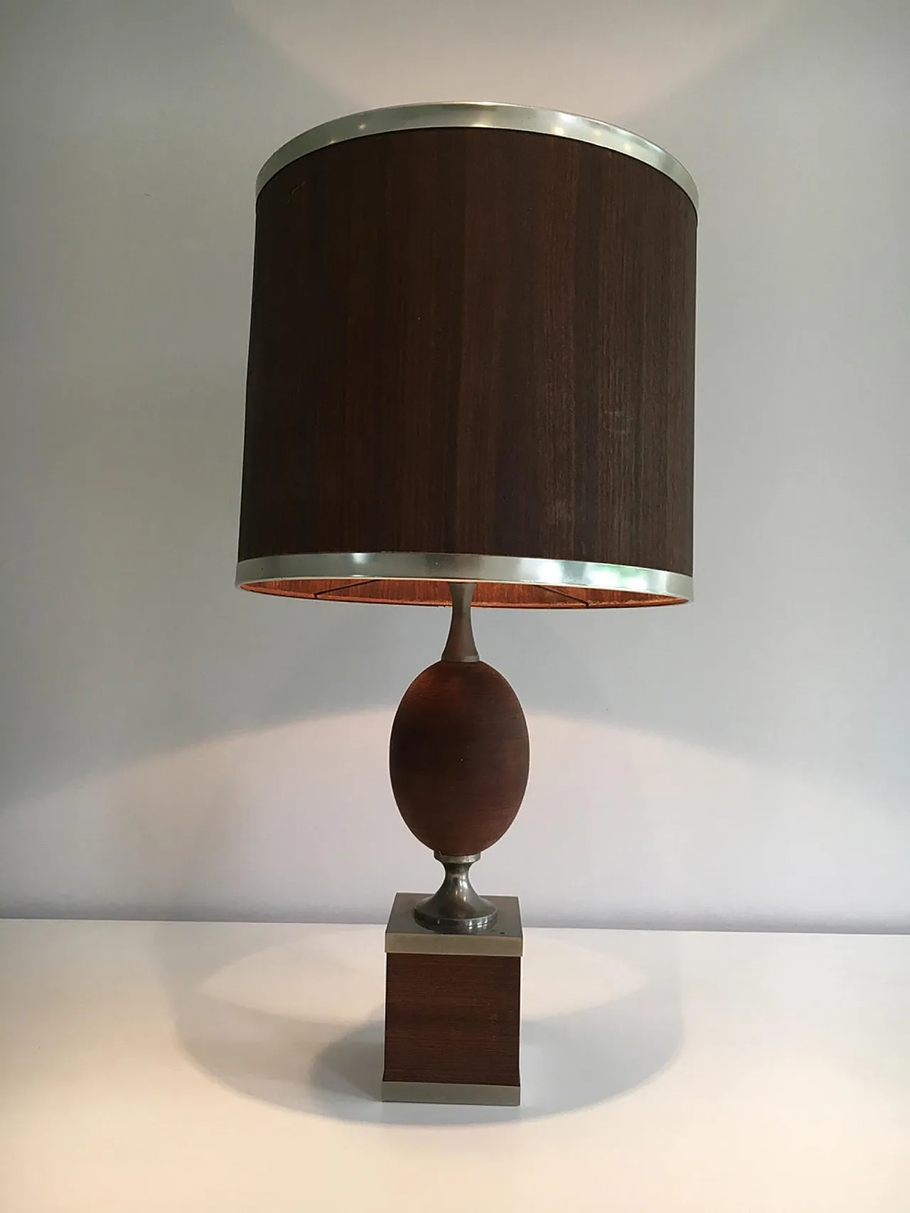 Wood and Brushed Steel Egg Lamp with Wooden Shade, circa 1970 19