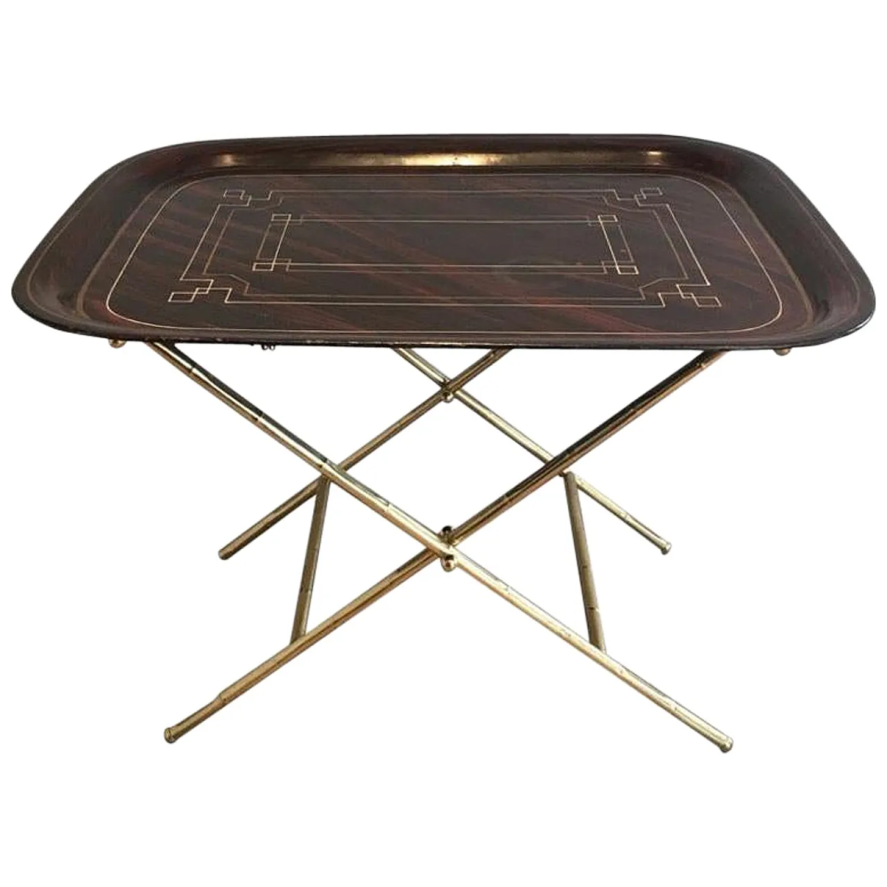 Tavolino insolito in ottone con piano in lamiera laccata, circa 1950. 1