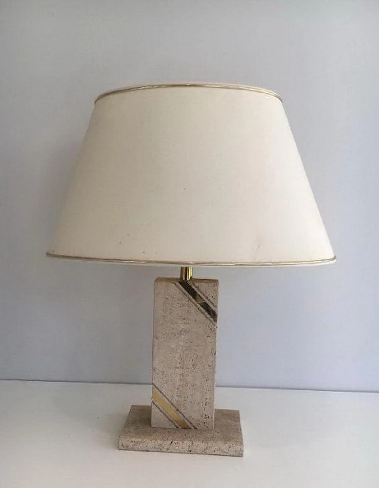 Lampada in travertino con intarsi in ottone, circa 1970 9