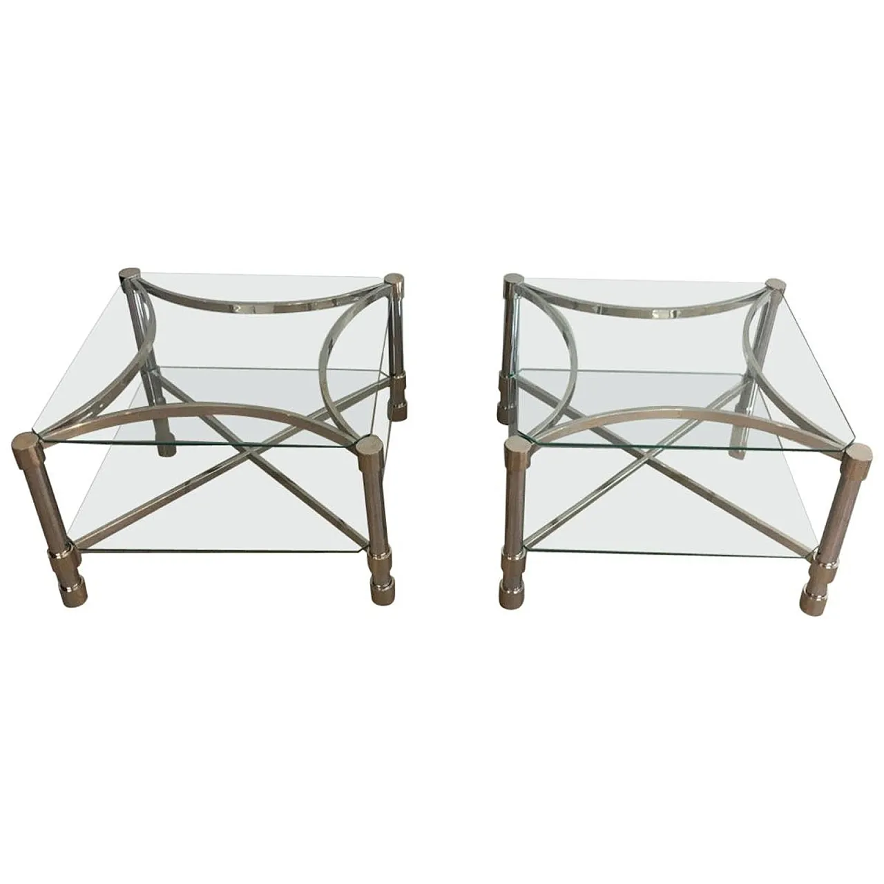 Pair of metal and glass side tables, French, 1970s 1