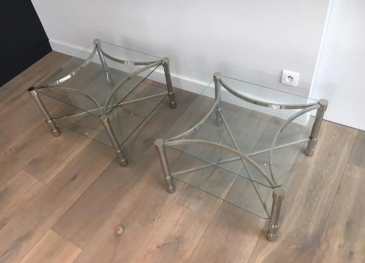Pair of metal and glass side tables, French, 1970s 2