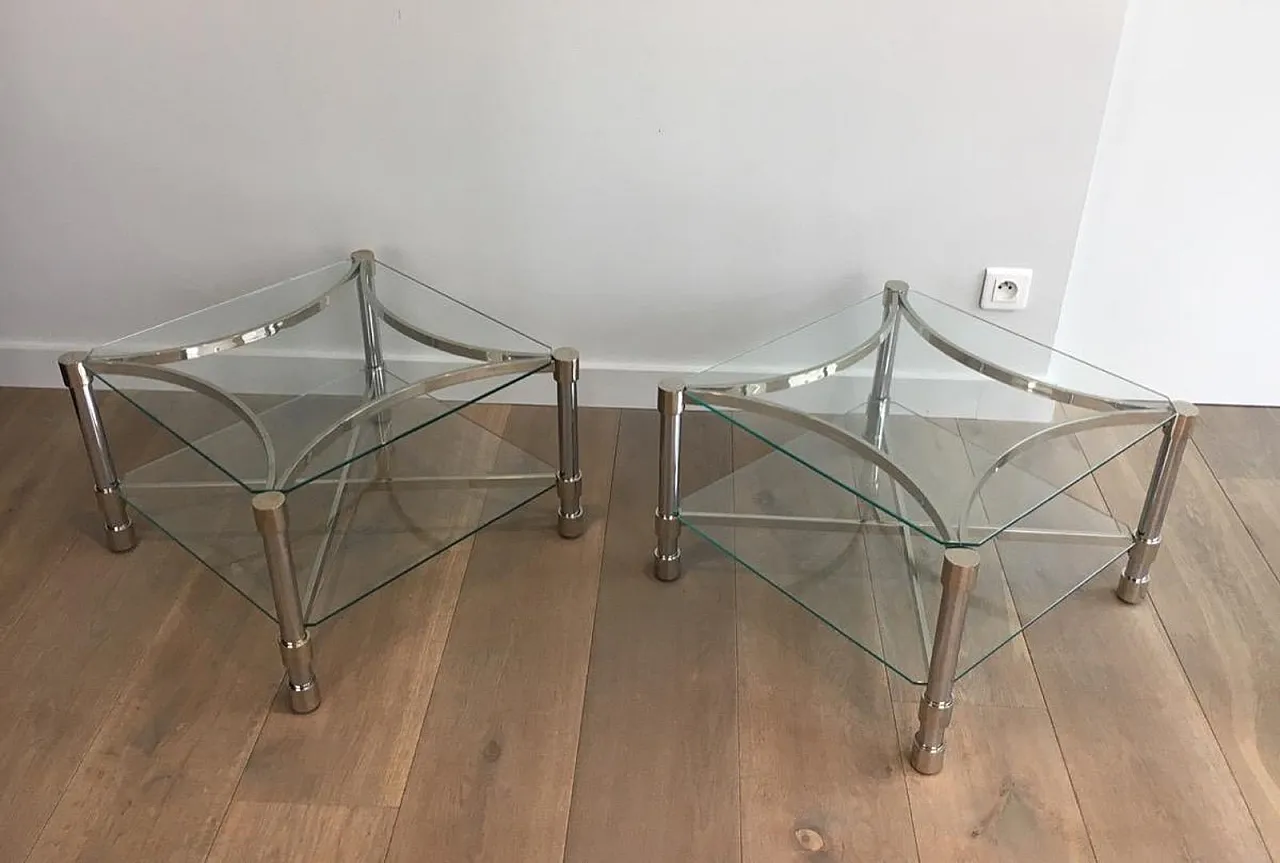 Pair of metal and glass side tables, French, 1970s 3
