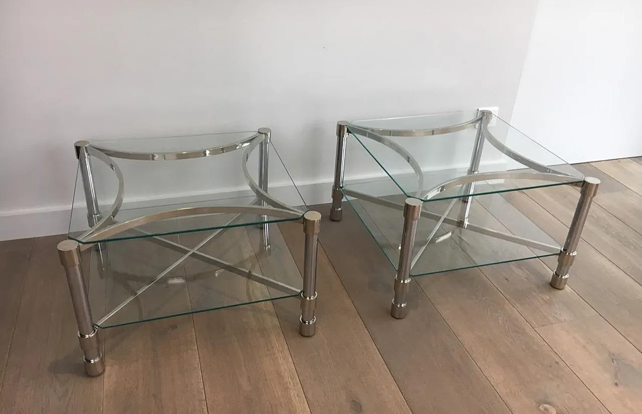 Pair of metal and glass side tables, French, 1970s 10