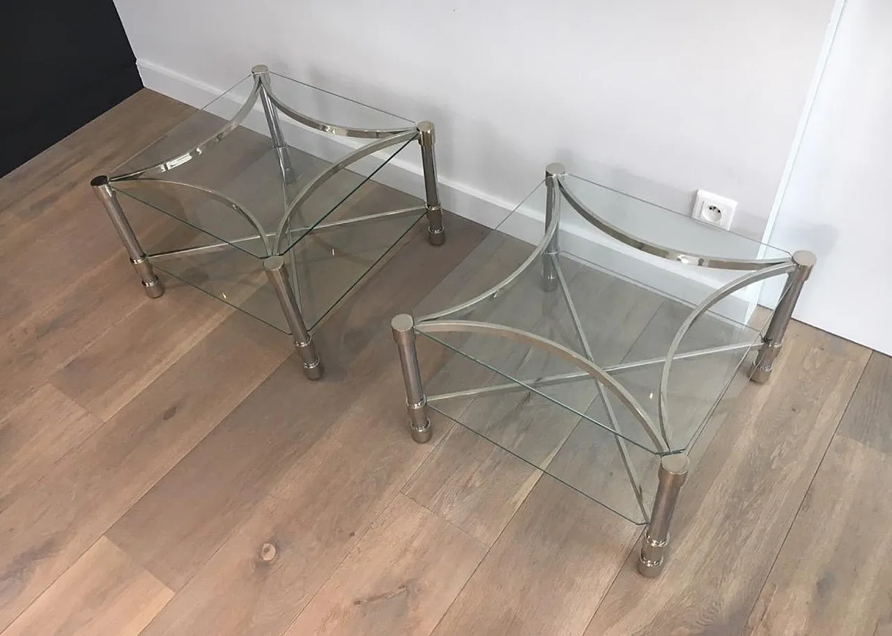 Pair of metal and glass side tables, French, 1970s 11