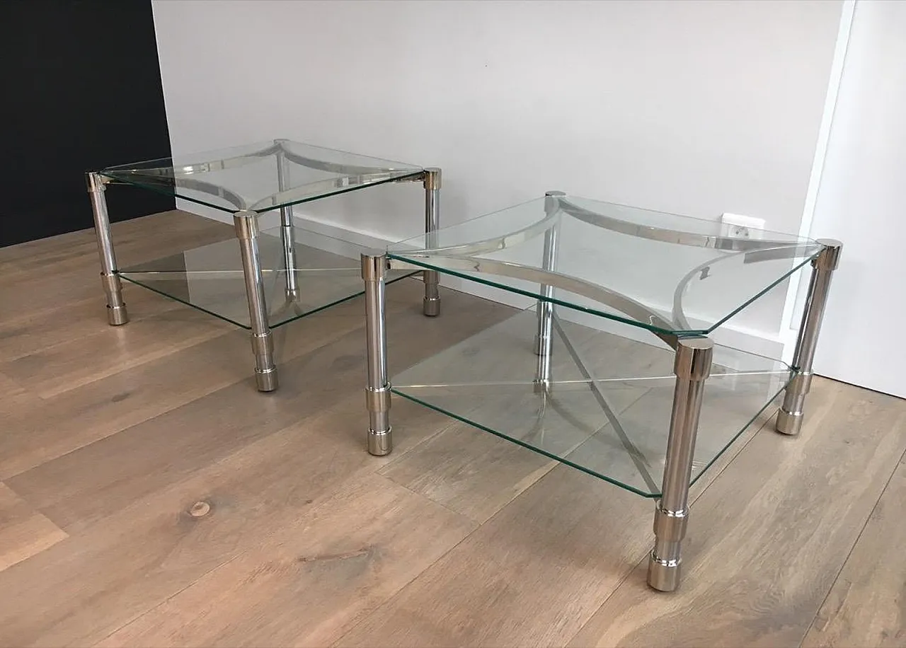 Pair of metal and glass side tables, French, 1970s 12
