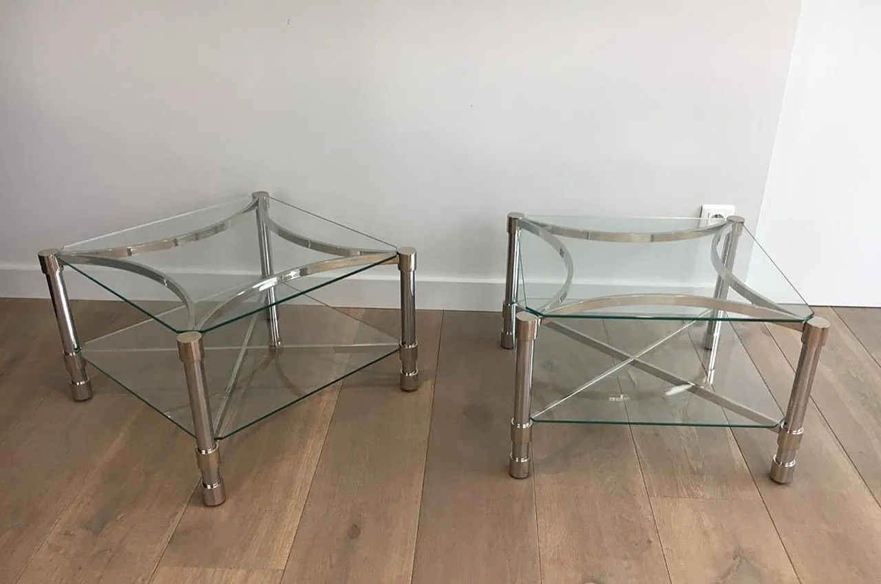 Pair of metal and glass side tables, French, 1970s 13