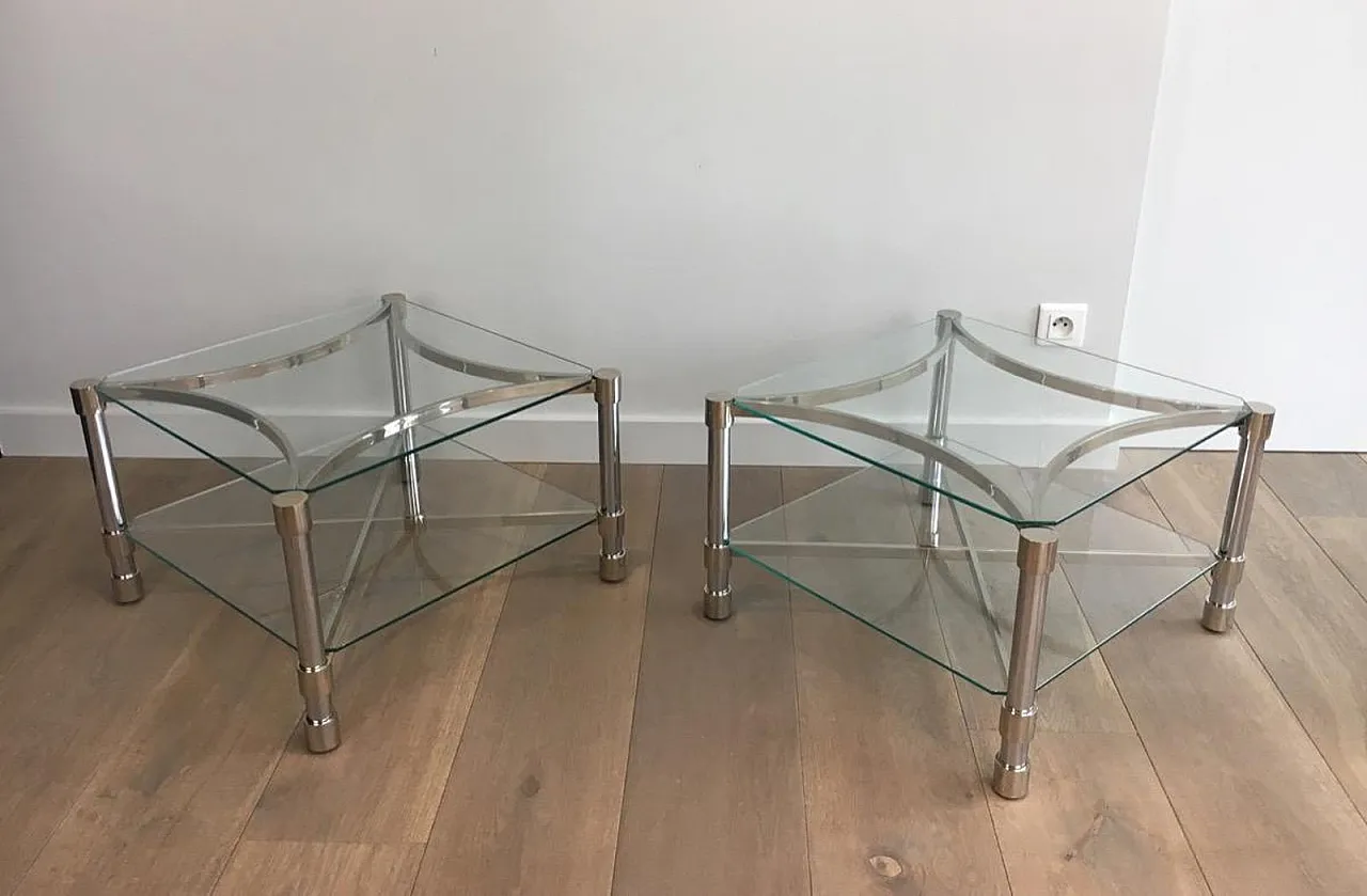 Pair of metal and glass side tables, French, 1970s 14