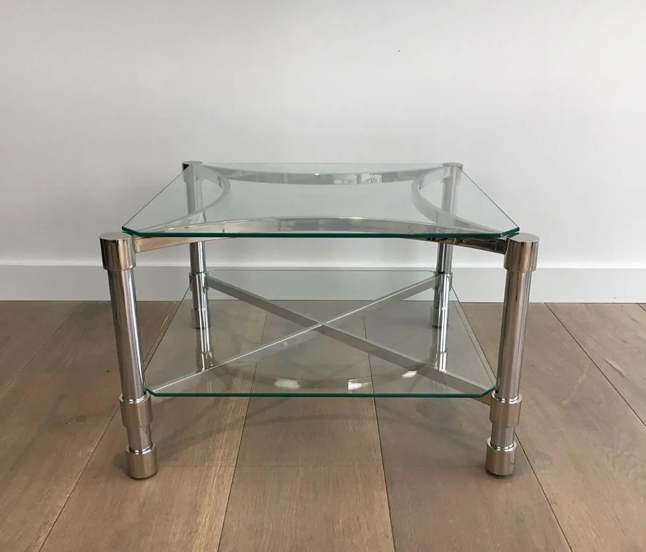 Pair of metal and glass side tables, French, 1970s 15