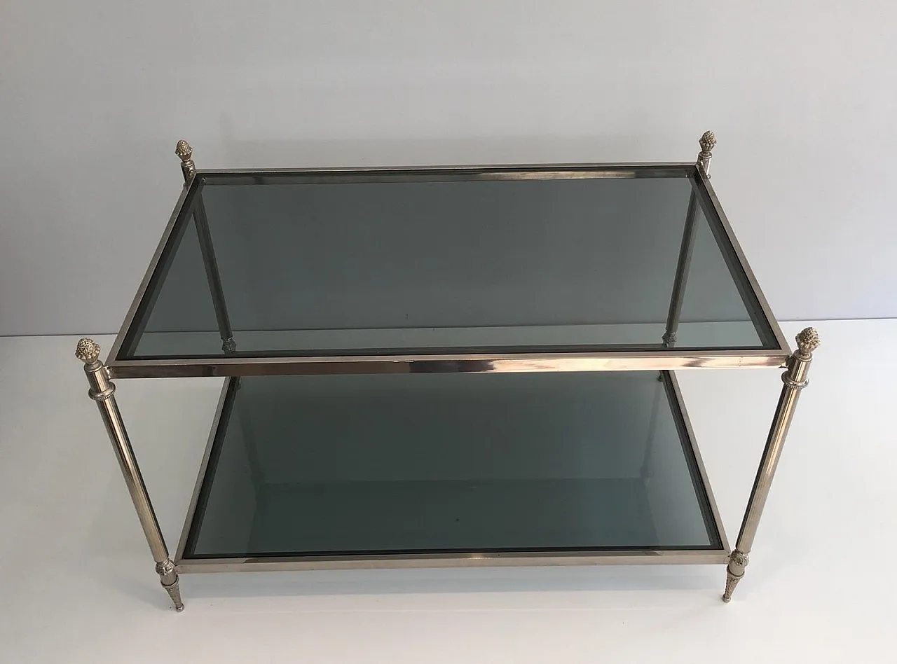Tavolino da caffè neoclassico argentato con piano in vetro bluastro, circa 1940. 13