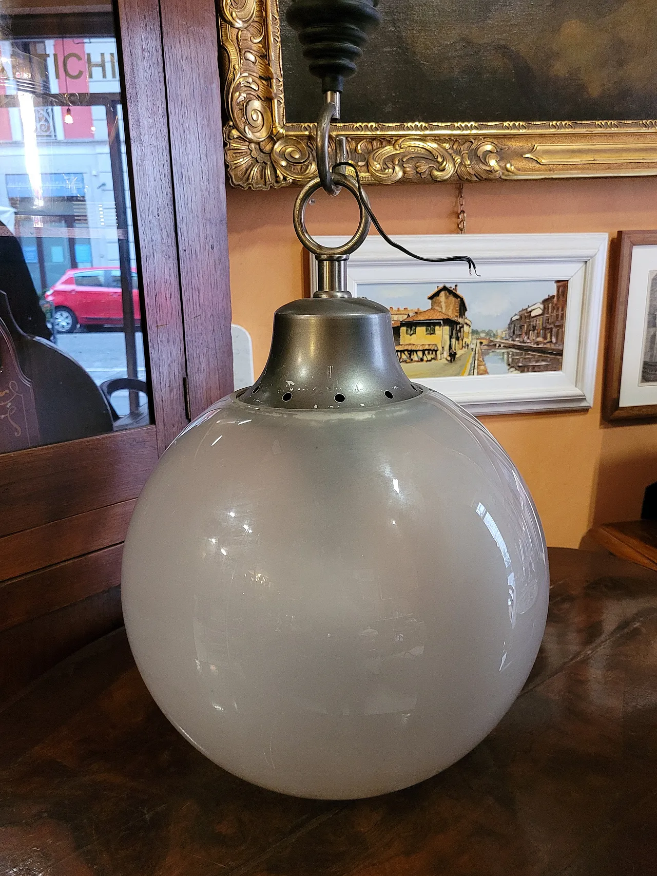 Pendant lamp mod. LS10 Boccia in metal and satin glass, 70s 10