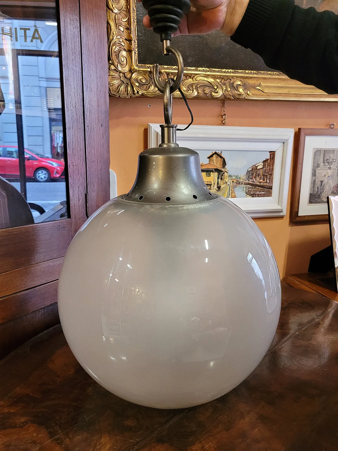 Pendant lamp mod. LS10 Boccia in metal and satin glass, 70s 11